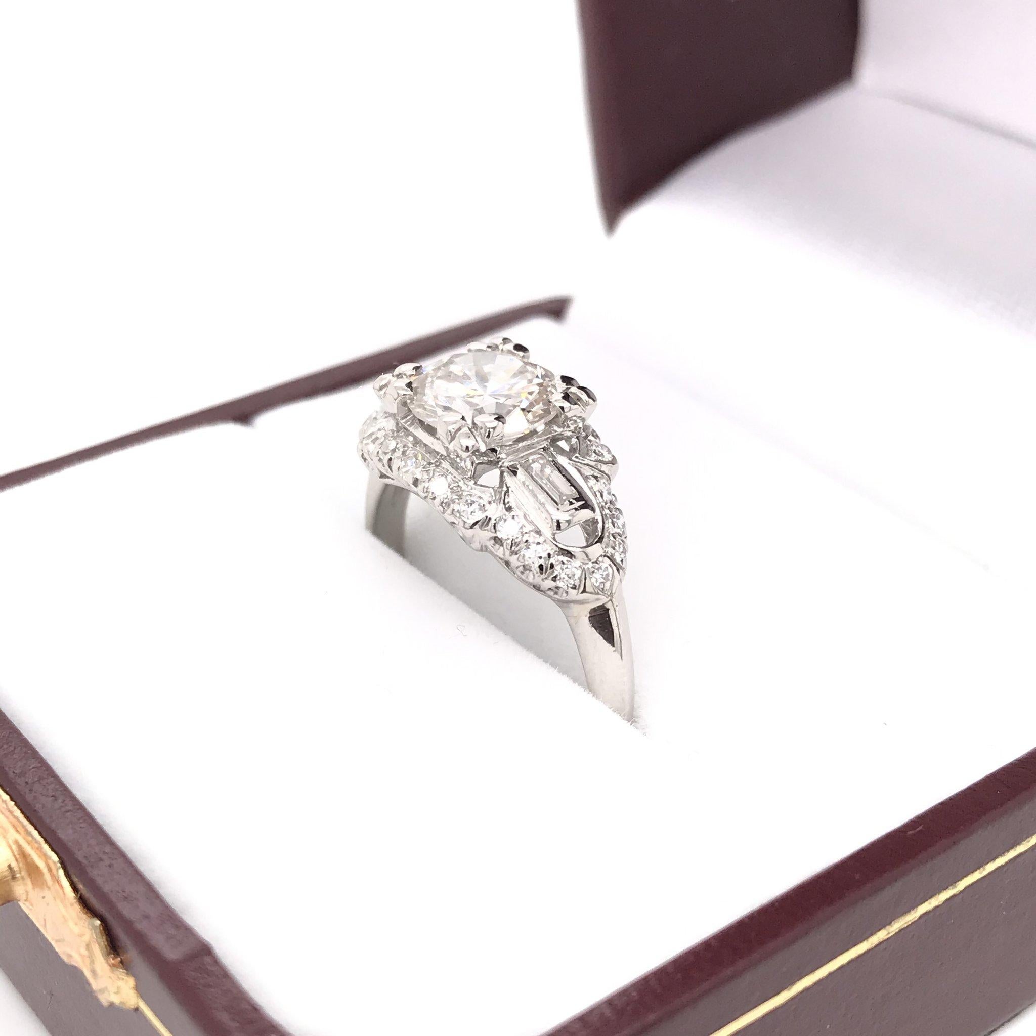 Women's Mid Century 1.32 Carat Platinum Diamond Engagement Ring
