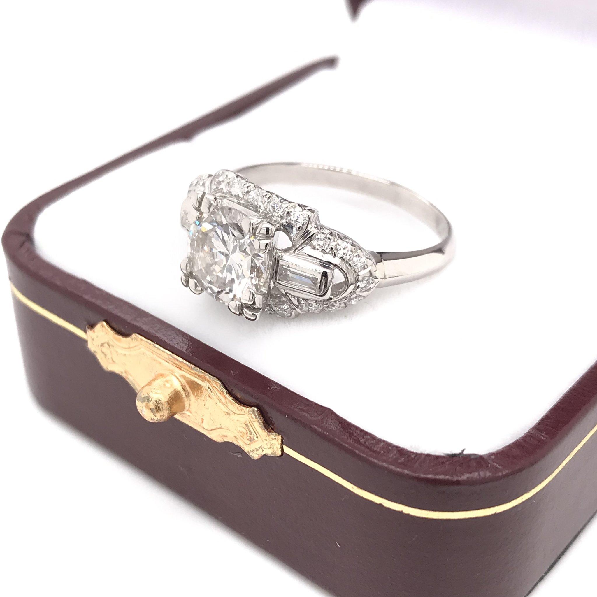 Mid Century 1.32 Carat Platinum Diamond Engagement Ring 1