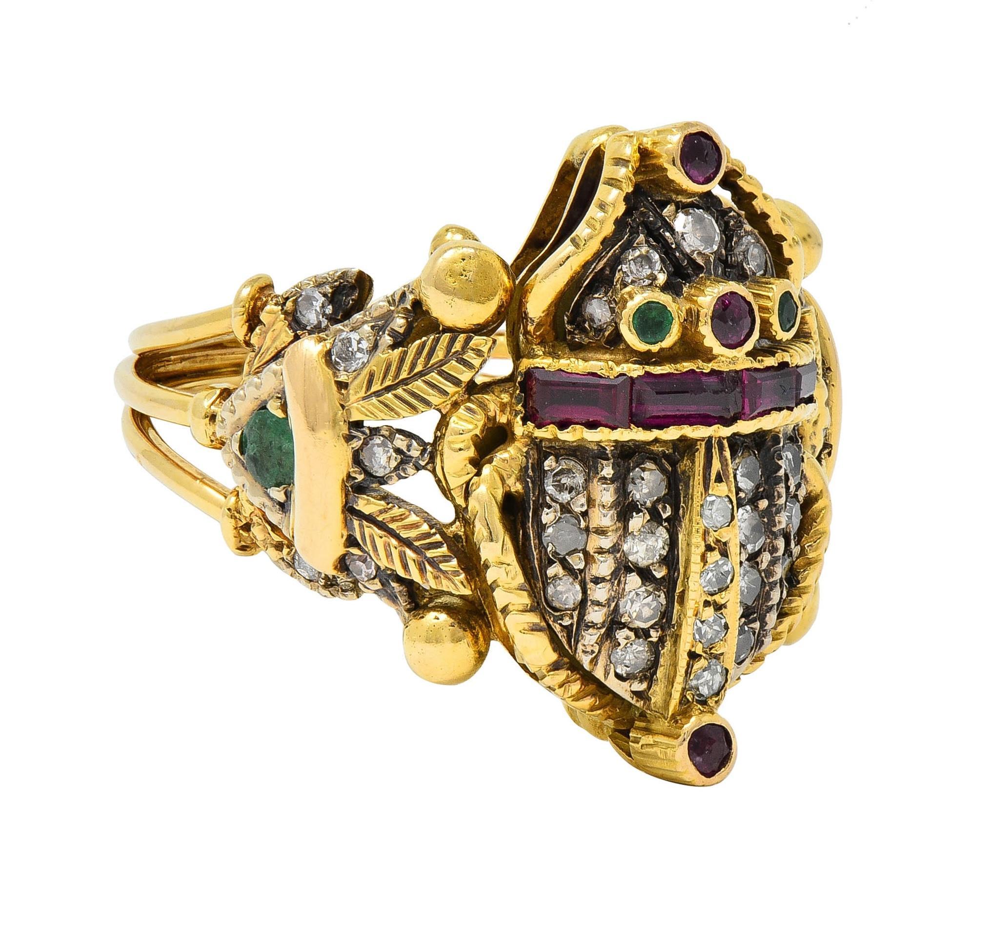 Victorian Mid-Century 1.32 CTW Diamond Emerald Ruby 18 Karat Gold Antique Scarab Ring
