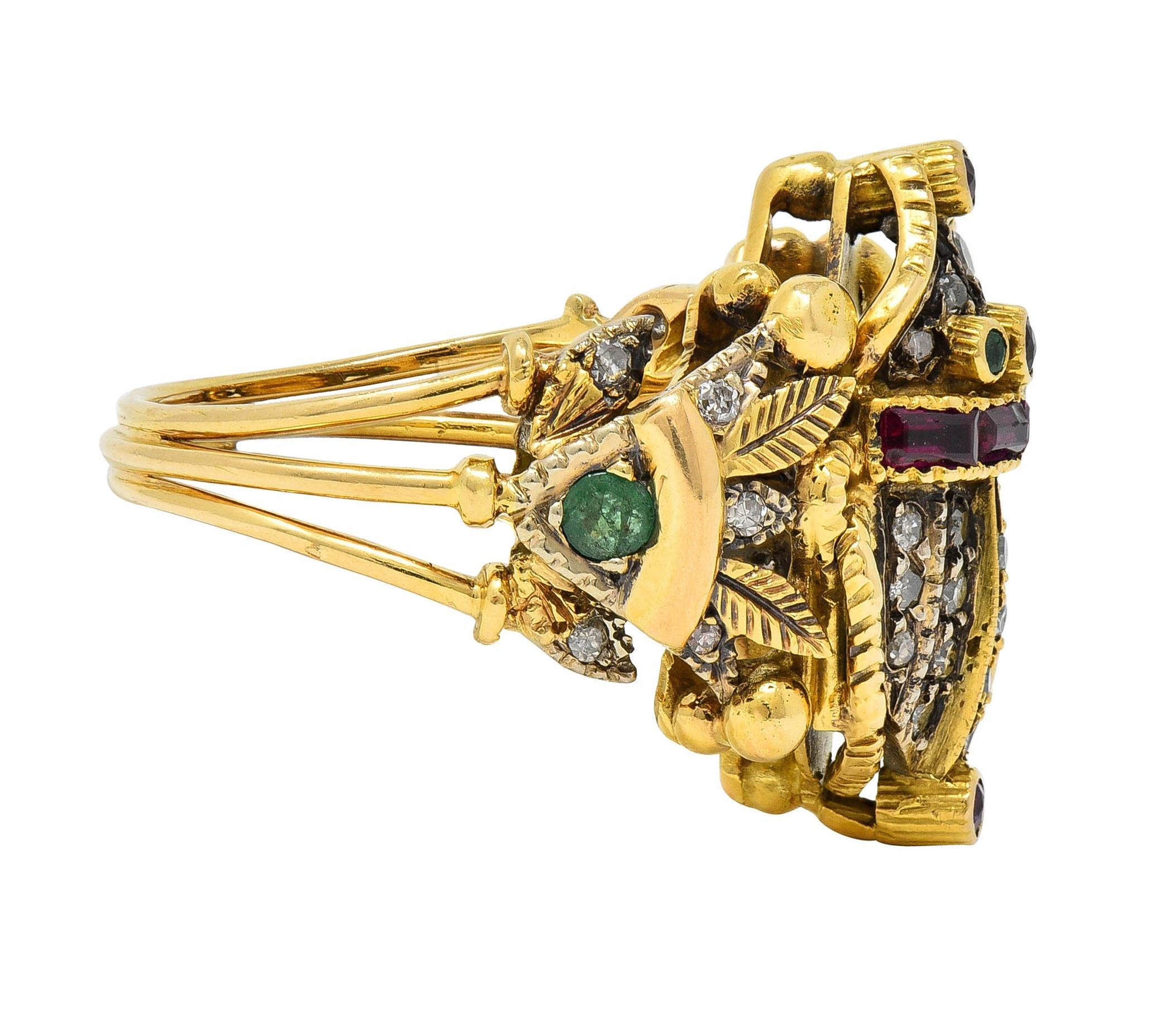 Single Cut Mid-Century 1.32 CTW Diamond Emerald Ruby 18 Karat Gold Antique Scarab Ring