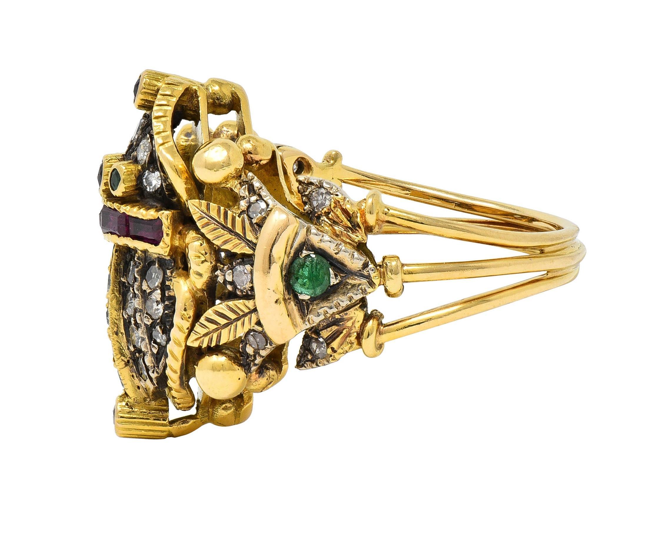 Women's or Men's Mid-Century 1.32 CTW Diamond Emerald Ruby 18 Karat Gold Antique Scarab Ring