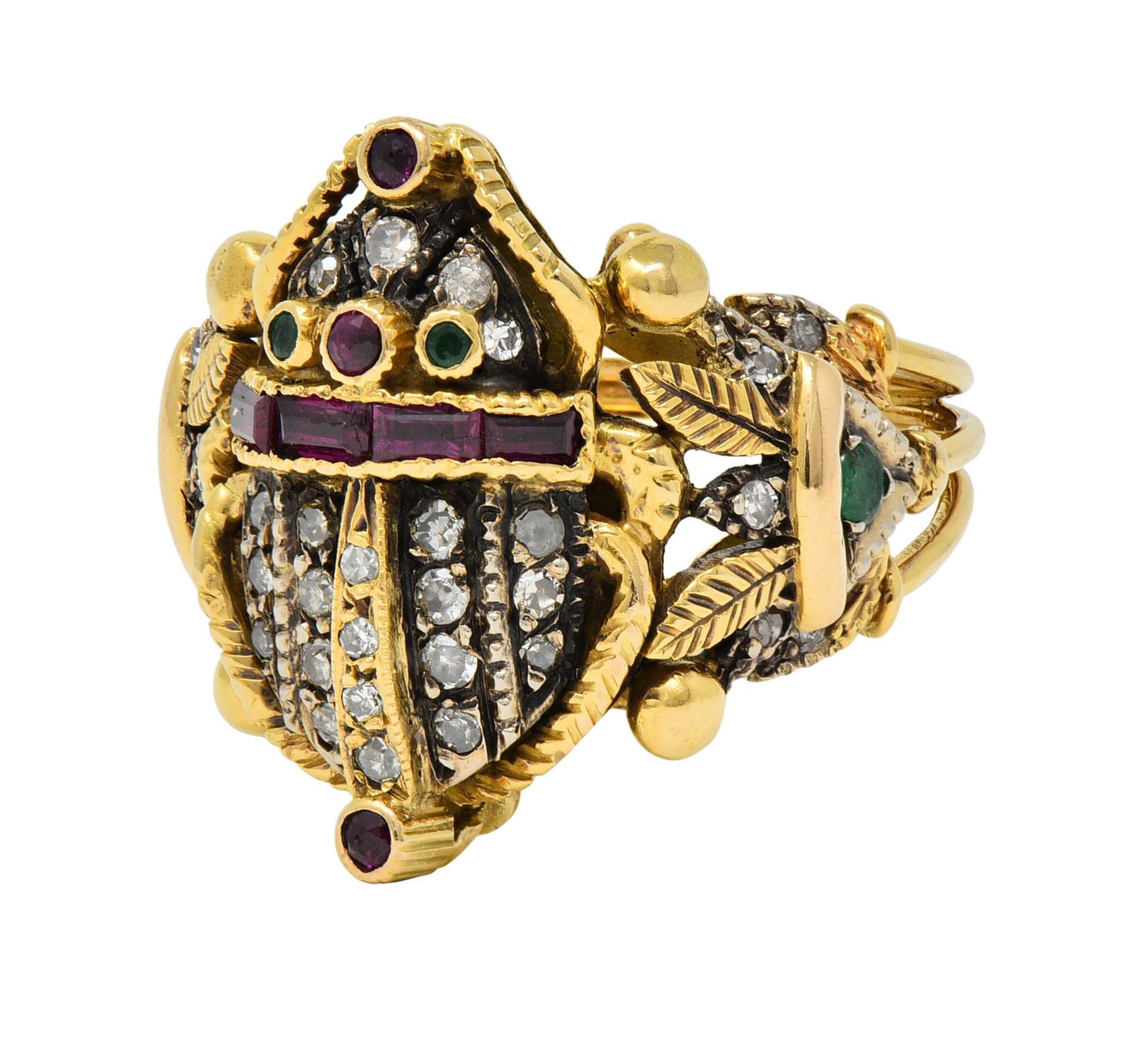 Mid-Century 1.32 CTW Diamond Emerald Ruby 18 Karat Gold Antique Scarab Ring 1