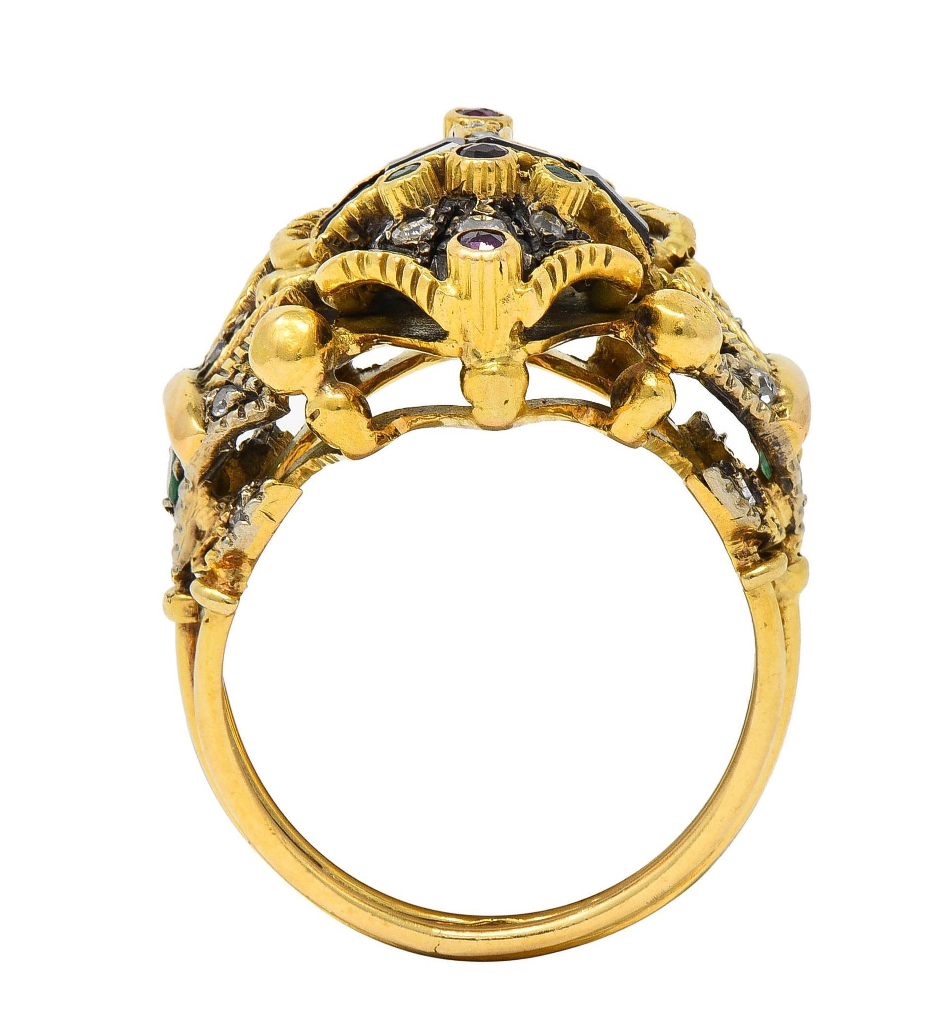 Mid-Century 1.32 CTW Diamond Emerald Ruby 18 Karat Gold Antique Scarab Ring 2