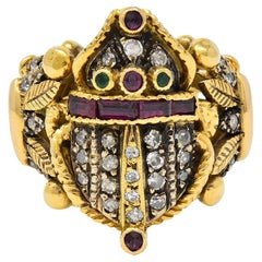 Mid-Century 1.32 CTW Diamond Emerald Ruby 18 Karat Gold Antique Scarab Ring