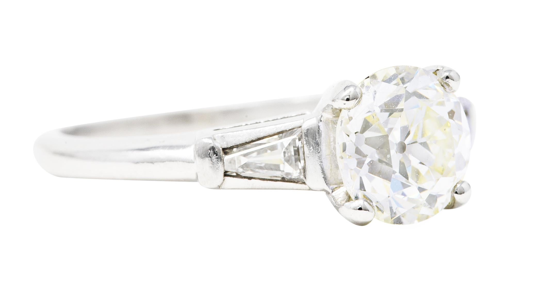 Old European Cut Mid-Century 1.34 Carats Diamond Platinum Vintage Three Stone Engagement Ring