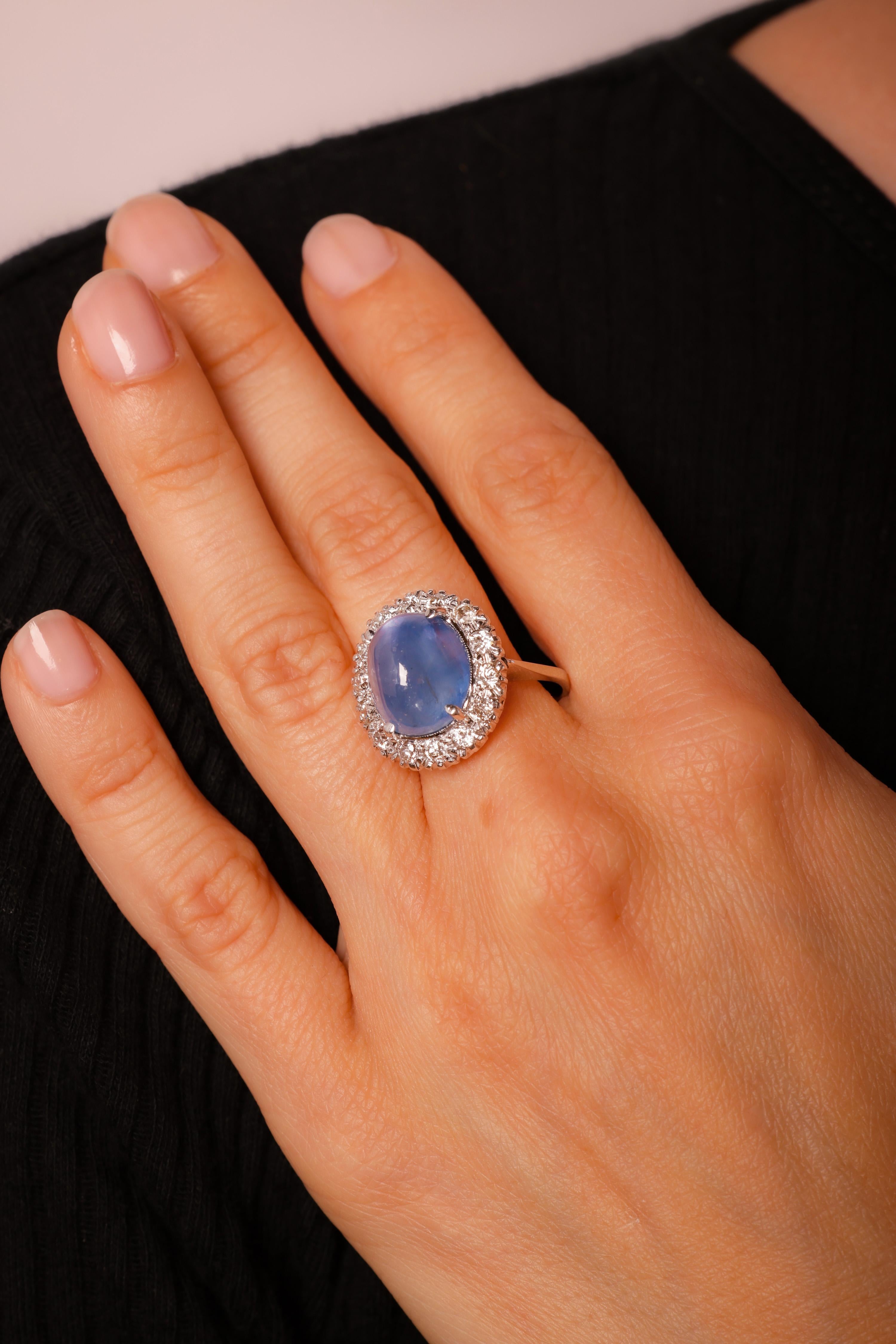 Mid-Century 13,5 Karat Cabochon Sternsaphir Diamant 14K Weißgold Ring für Damen oder Herren