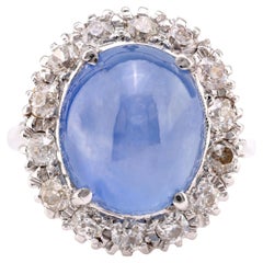 Mid-Century 13.5 Carat Cabochon Star Sapphire Diamond 14K White Gold Ring