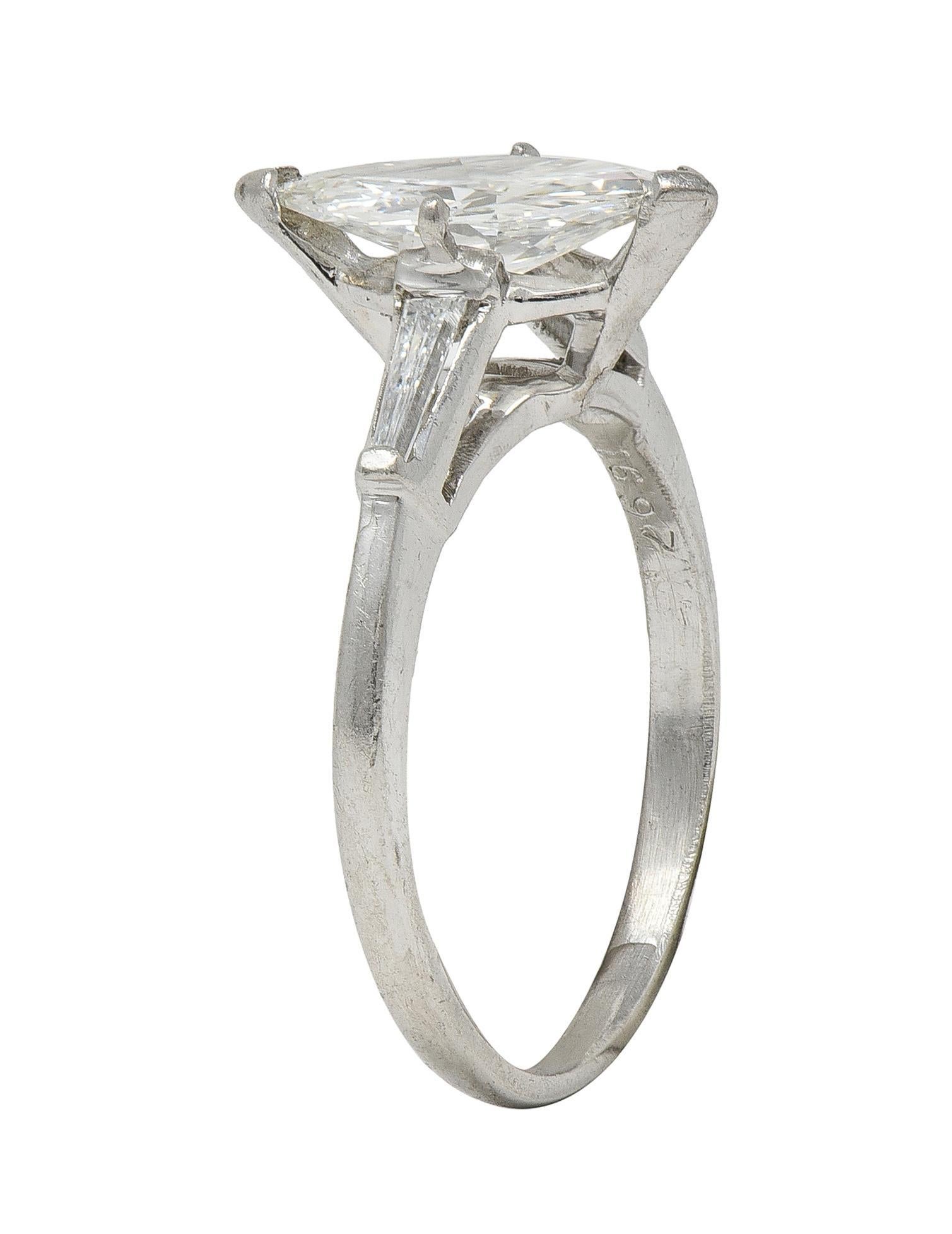 Mid-Century 1.35 CTW Marquise Cut Diamond Platinum Vintage Engagement Ring For Sale 5