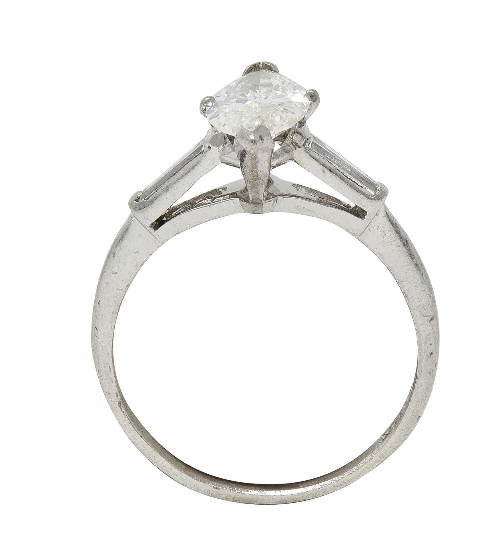 Mid-Century 1.35 CTW Marquise Cut Diamond Platinum Vintage Engagement Ring For Sale 6