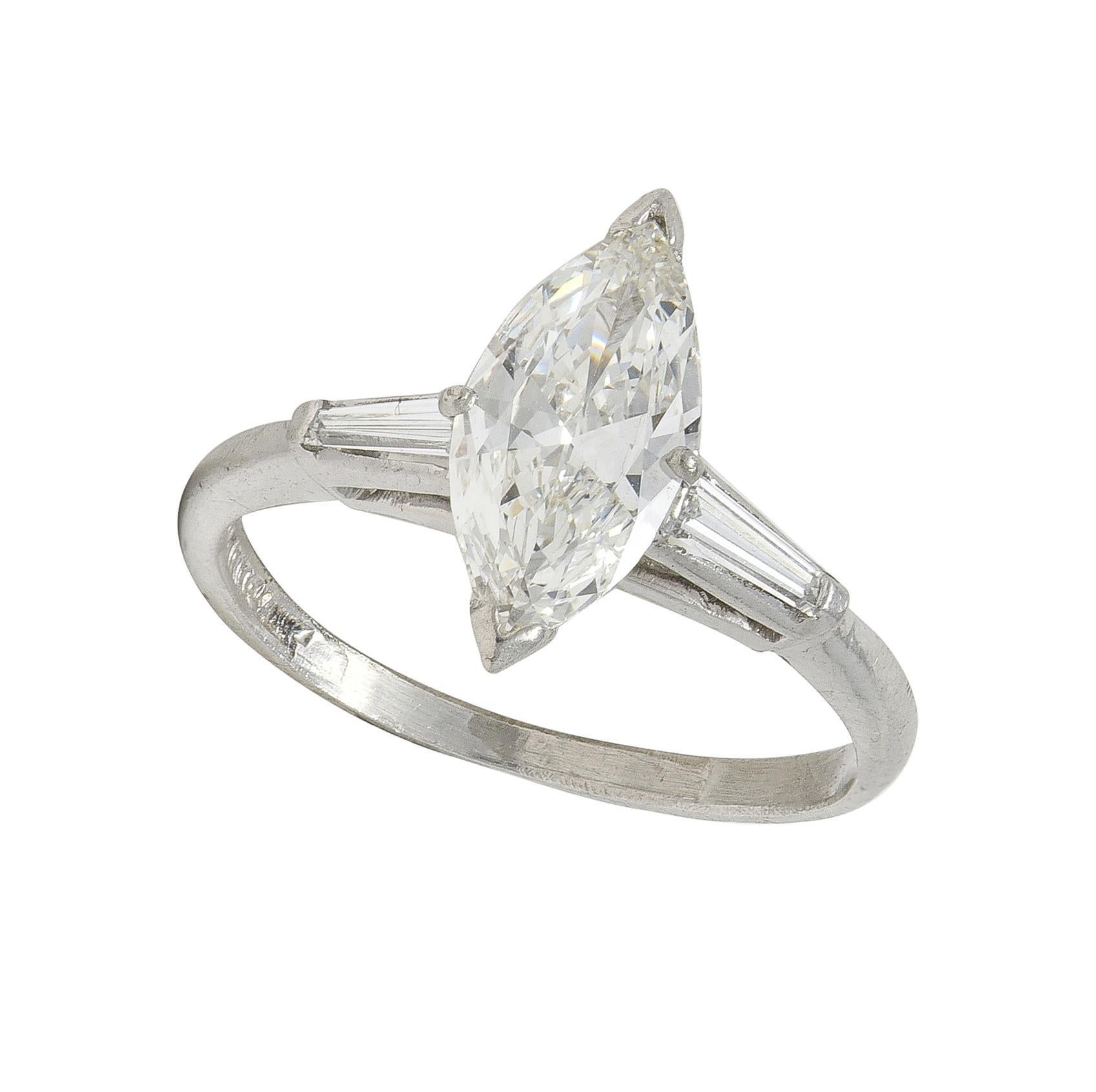 Mid-Century 1.35 CTW Marquise Cut Diamond Platinum Vintage Engagement Ring For Sale 7