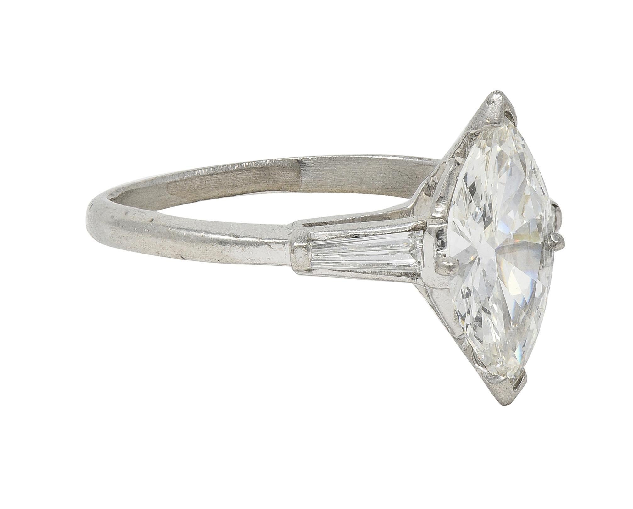 Modern Mid-Century 1.35 CTW Marquise Cut Diamond Platinum Vintage Engagement Ring For Sale