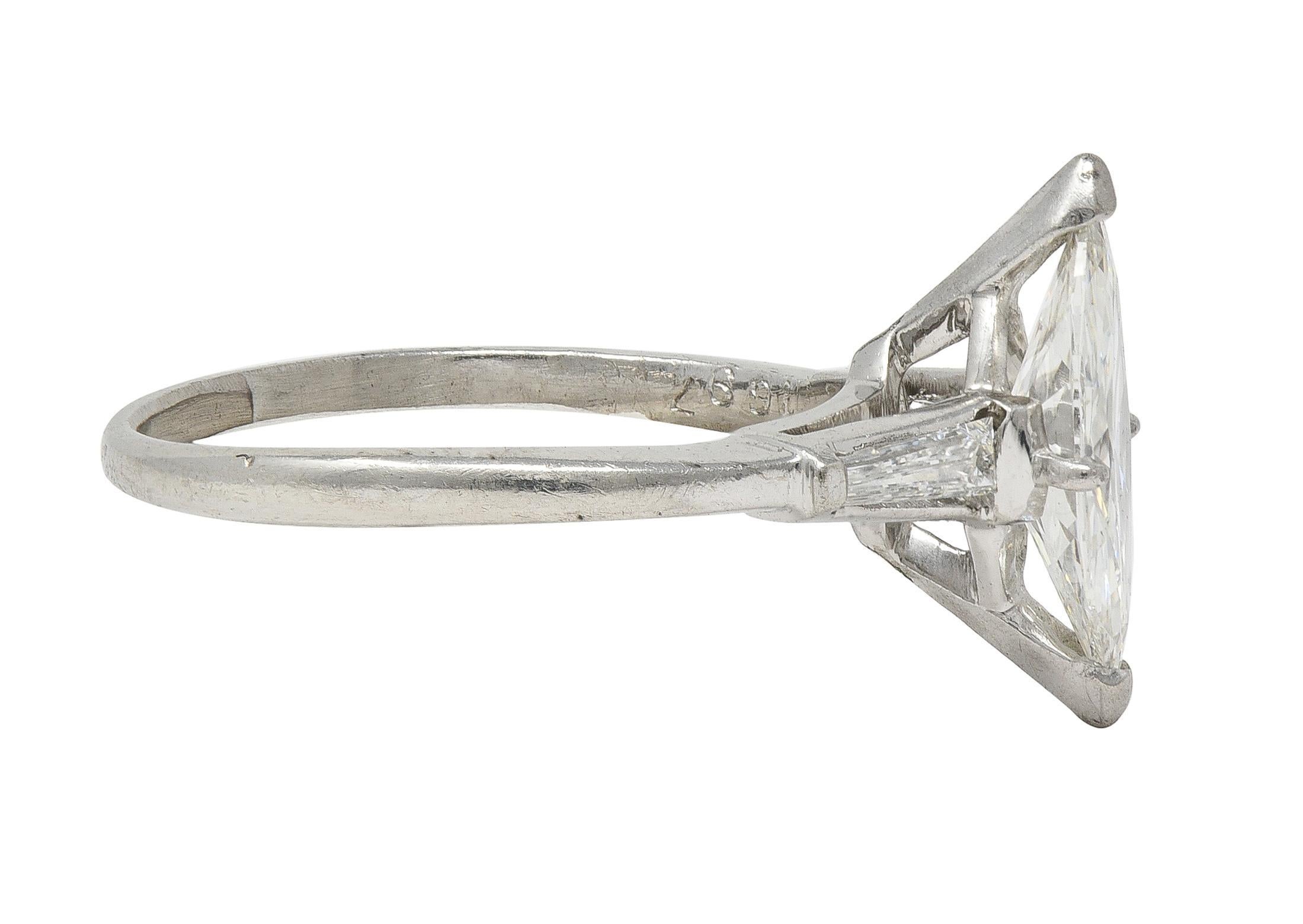 Mid-Century 1.35 CTW Marquise Cut Diamond Platinum Vintage Engagement Ring In Excellent Condition For Sale In Philadelphia, PA