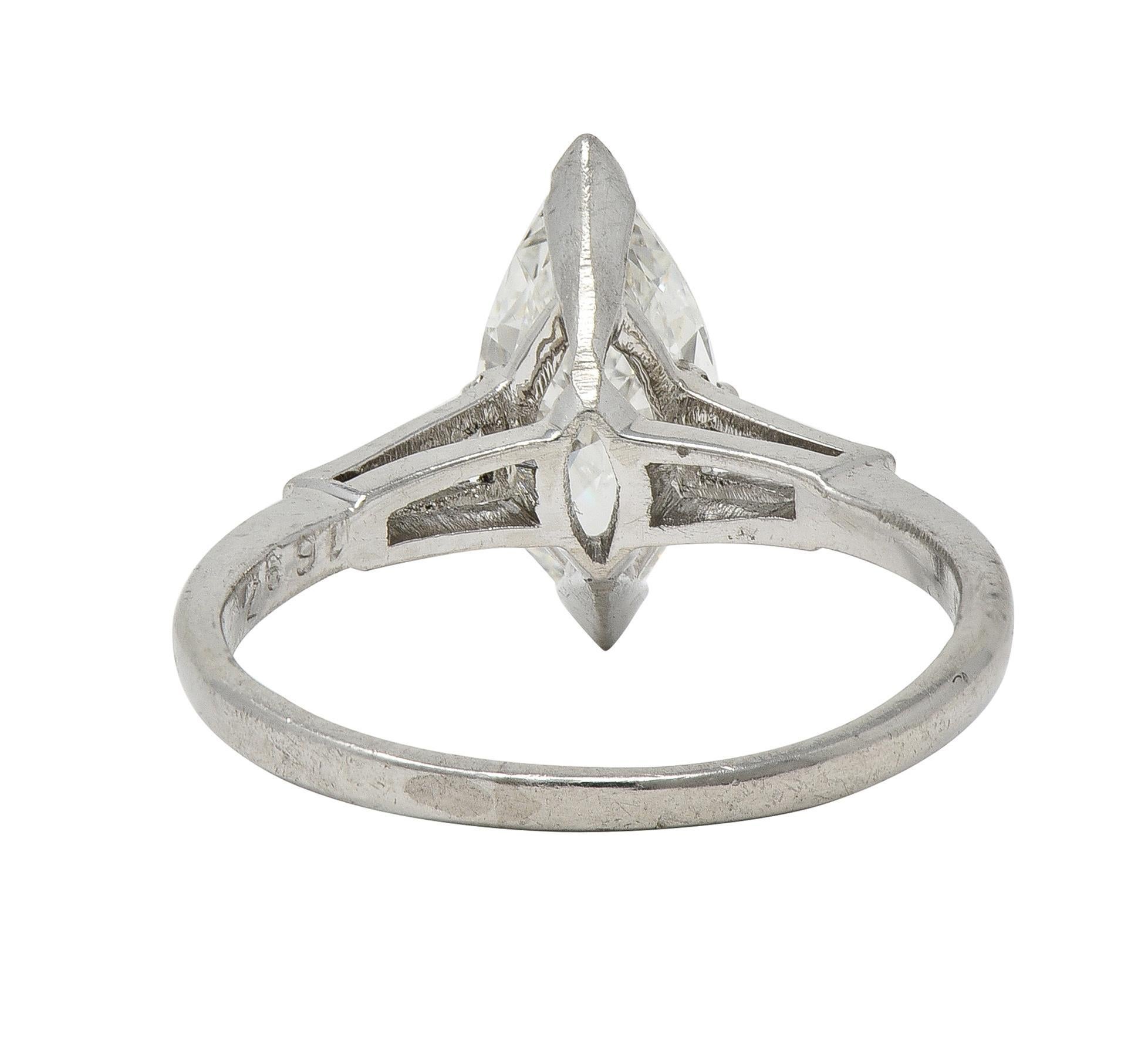Women's or Men's Mid-Century 1.35 CTW Marquise Cut Diamond Platinum Vintage Engagement Ring For Sale