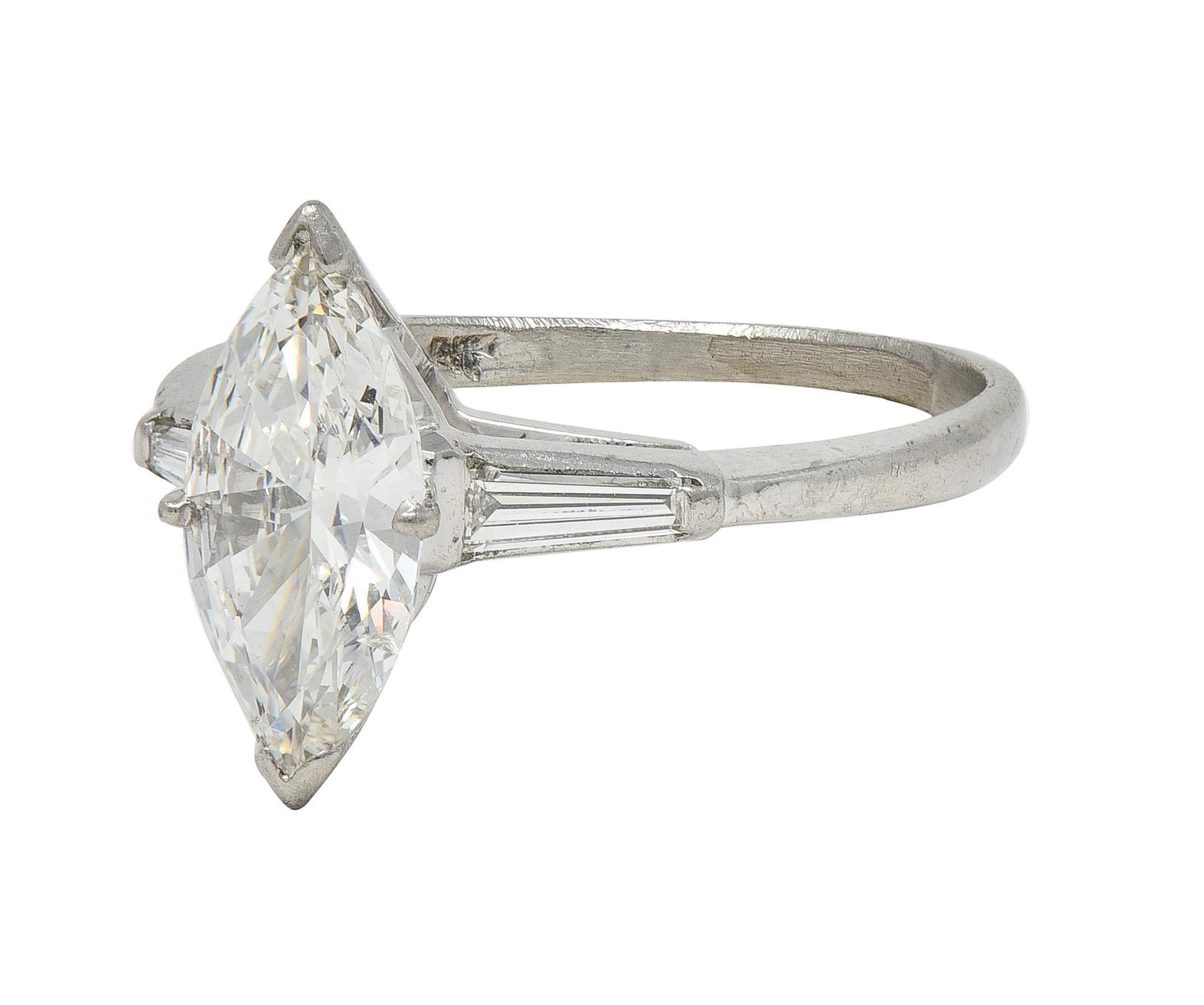 Mid-Century 1.35 CTW Marquise Cut Diamond Platinum Vintage Engagement Ring For Sale 2