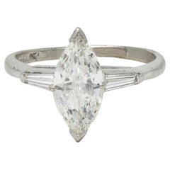 Bague de fiançailles vintage en platine, 1,35 CTW Marquise Cut Diamond Mid-Century