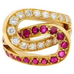 Mid-Century 1.35 CTW Ruby Diamond Platinum Vintage Double Horseshoe Ring