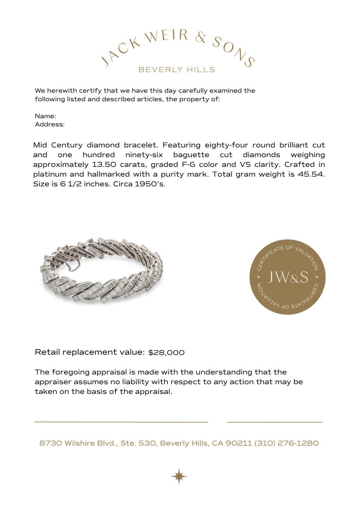 Mid Century 13,50 Karat runde und Baguette-Diamanten Platin-Armband im Angebot 1