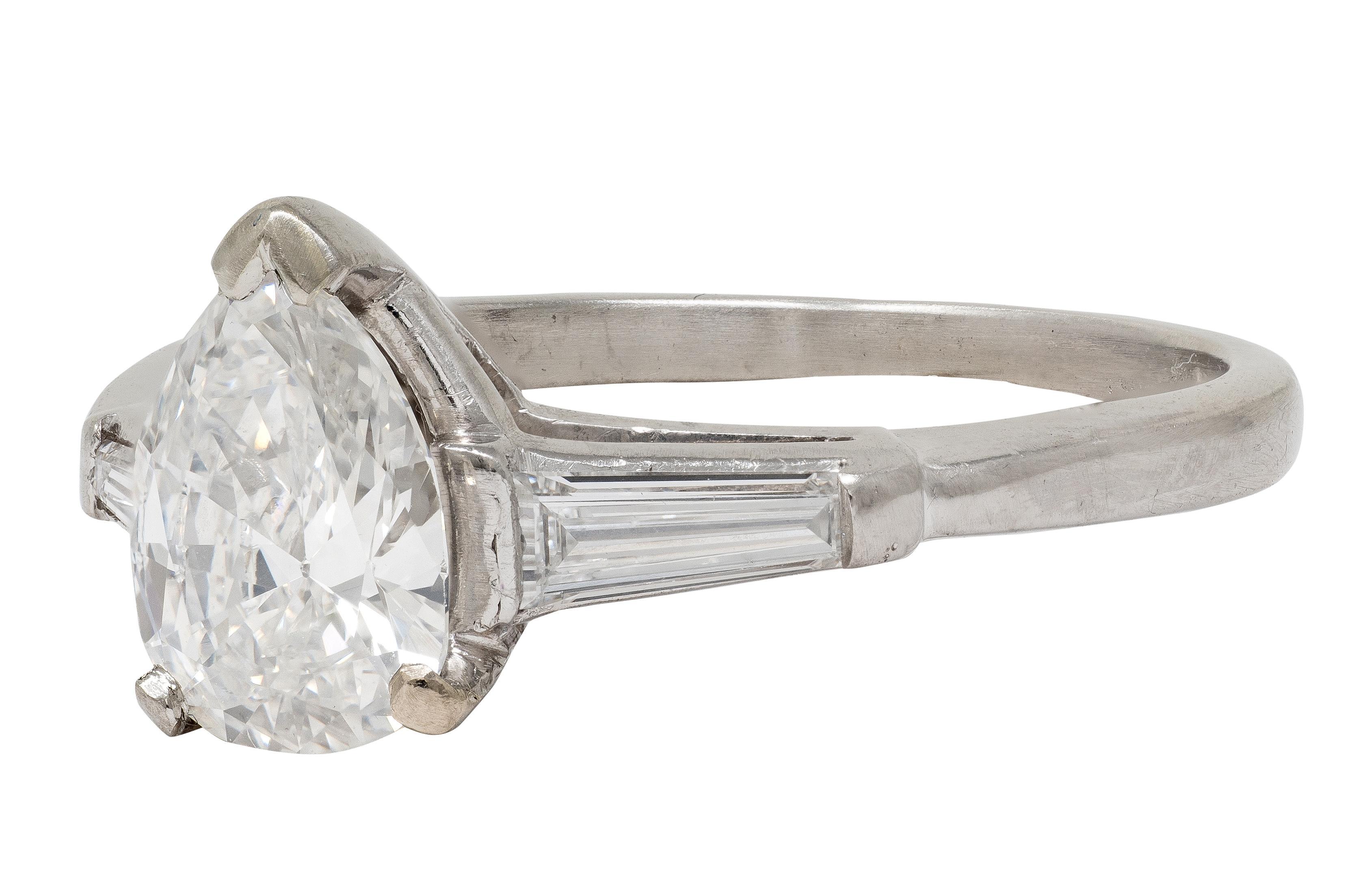 Donna Anello di fidanzamento vintage in platino con diamante taglio pera da 1,36 CTW del Mid-Century in vendita