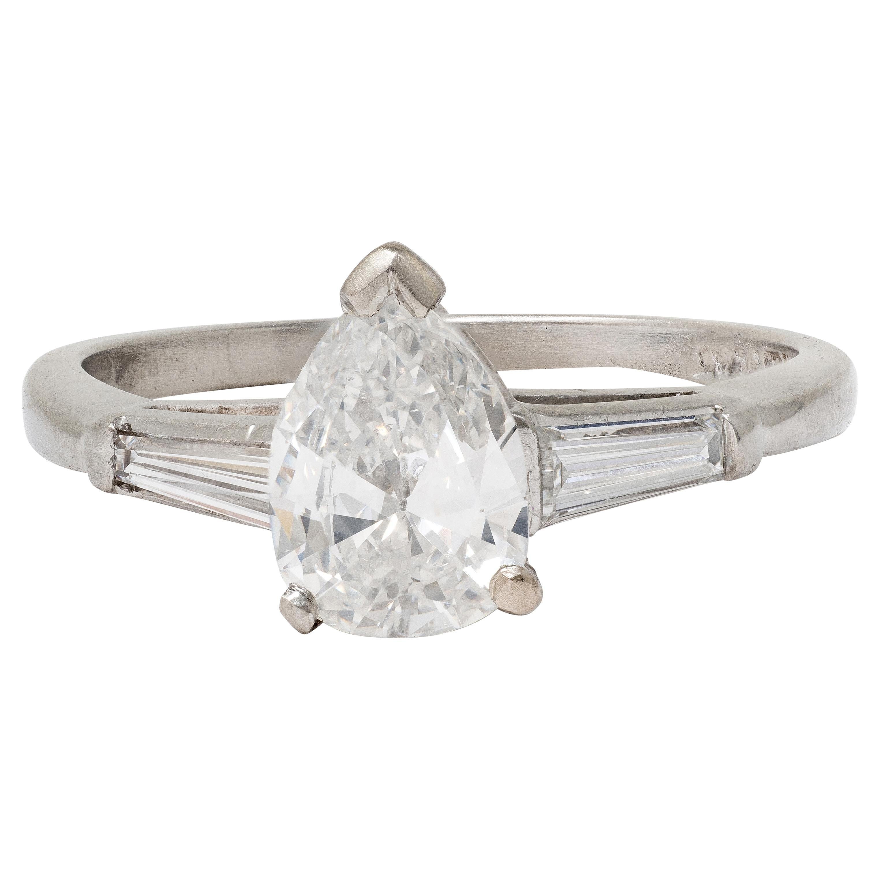Anello di fidanzamento vintage in platino con diamante taglio pera da 1,36 CTW del Mid-Century