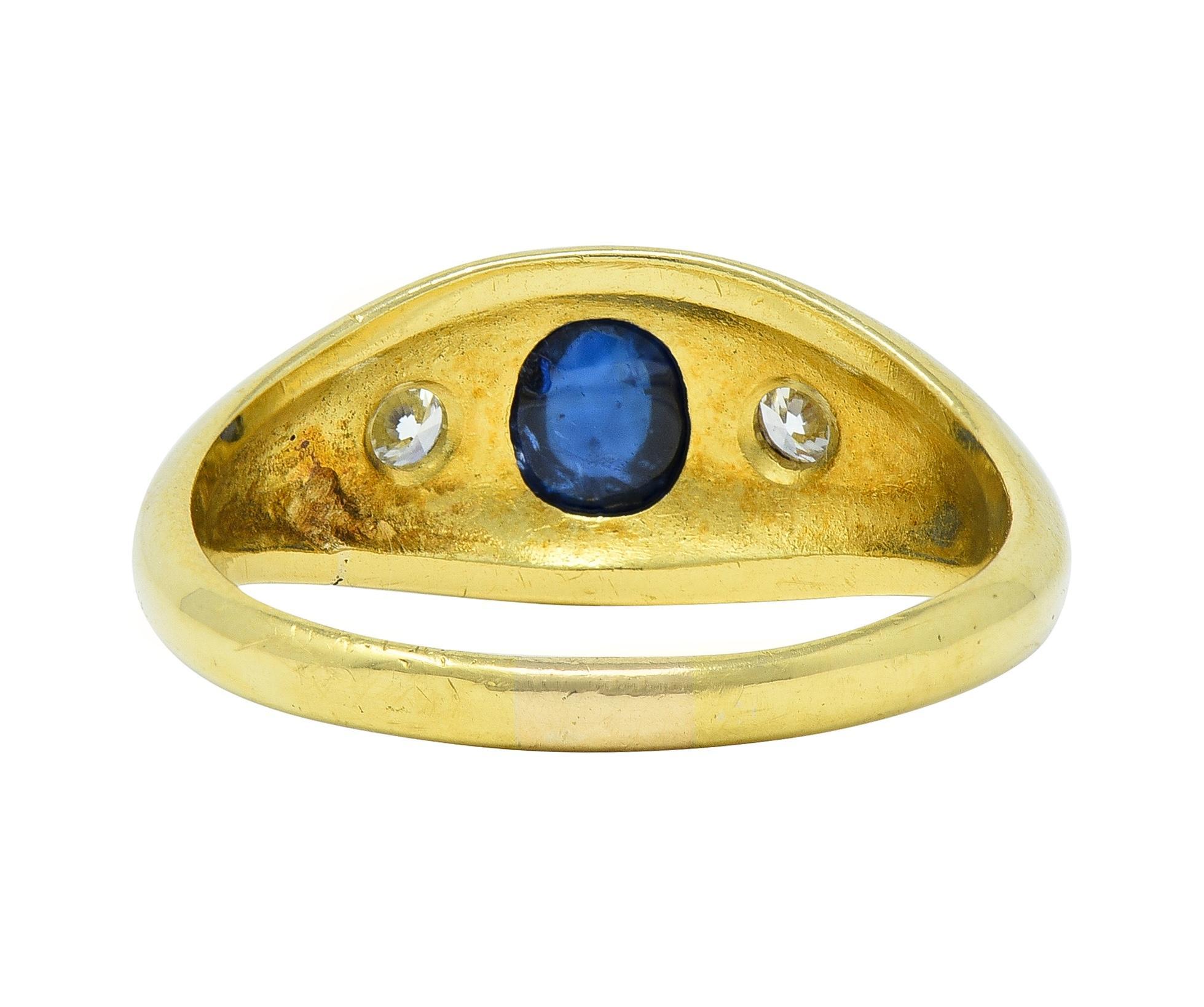 Mid-Century 1.36 CTW Sapphire Diamond 14 Karat Yellow Gold Three Stone Ring In Excellent Condition For Sale In Philadelphia, PA