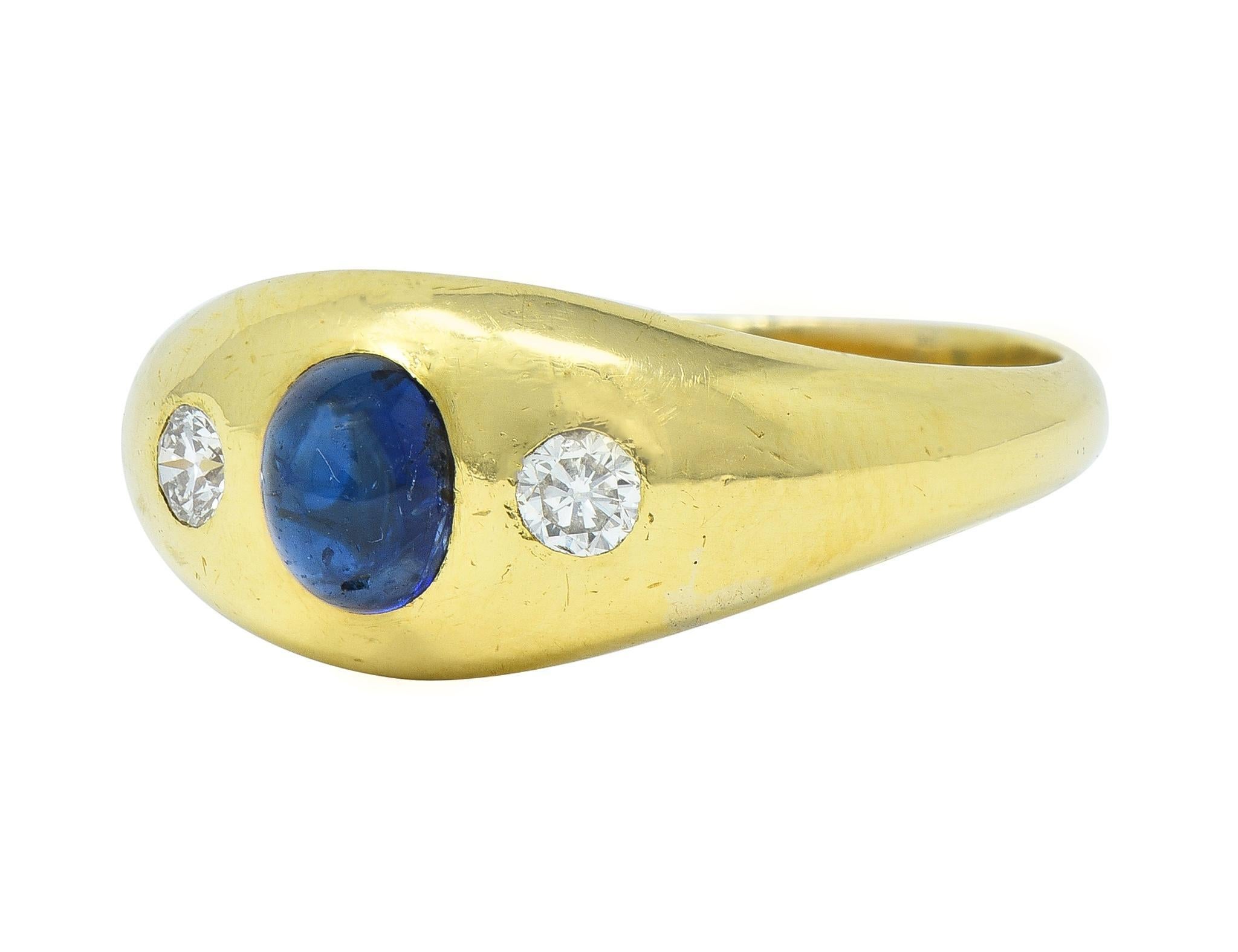Mid-Century 1.36 CTW Sapphire Diamond 14 Karat Yellow Gold Three Stone Ring For Sale 1