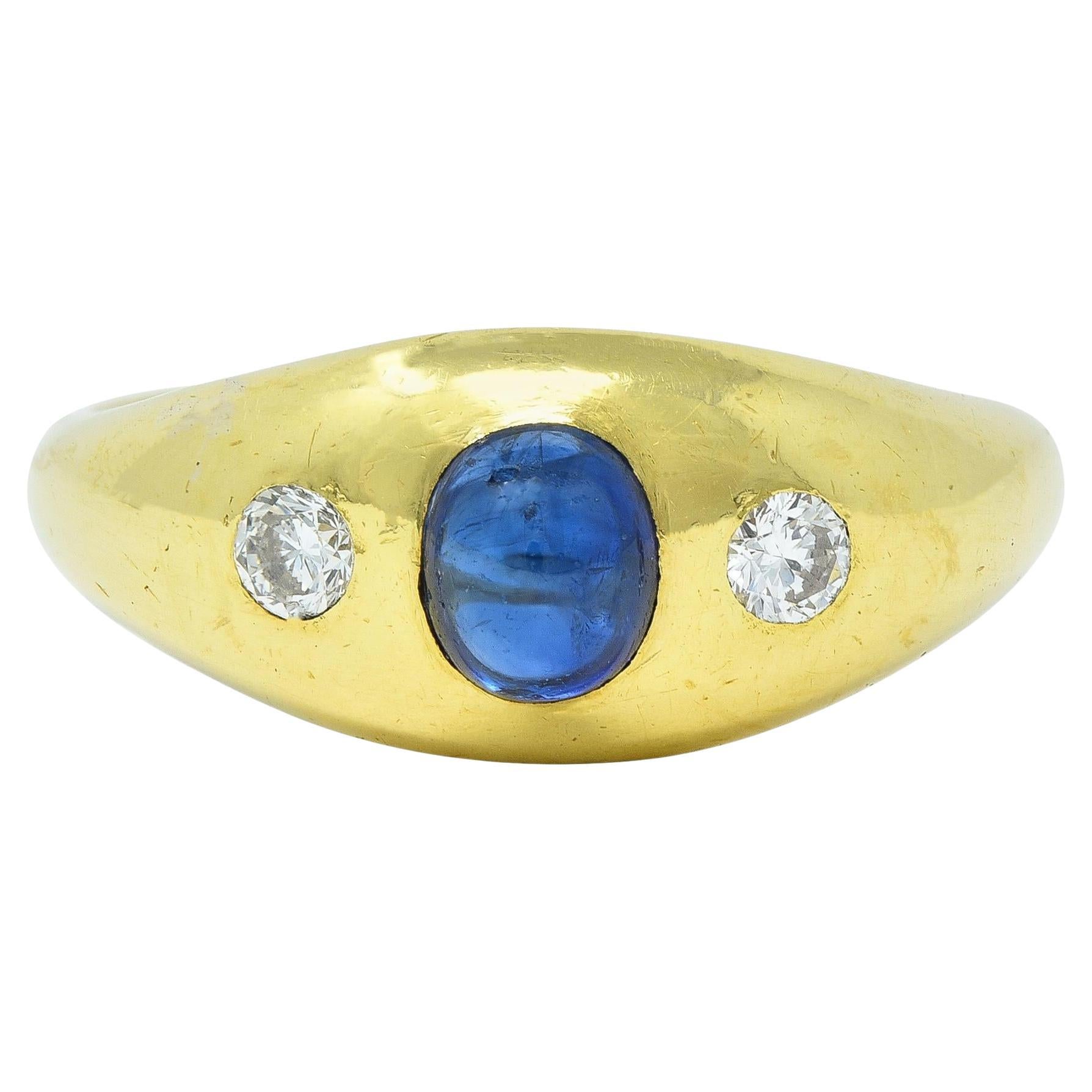Mid-Century 1.36 CTW Sapphire Diamond 14 Karat Yellow Gold Three Stone Ring For Sale