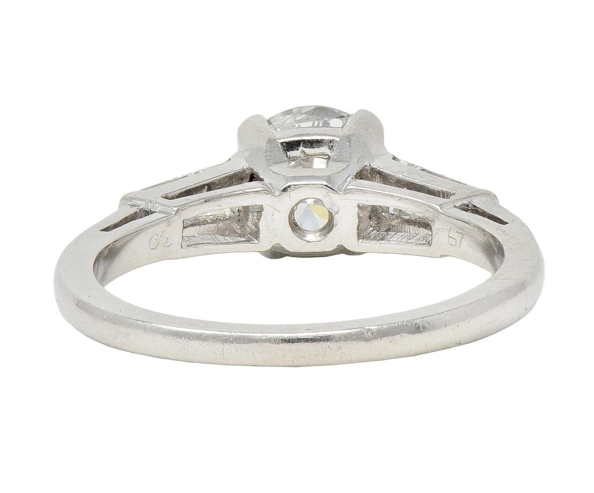 Tapered Baguette Mid-Century 1.36 CTW Transitional Diamond Platinum Vintage Engagement Ring For Sale