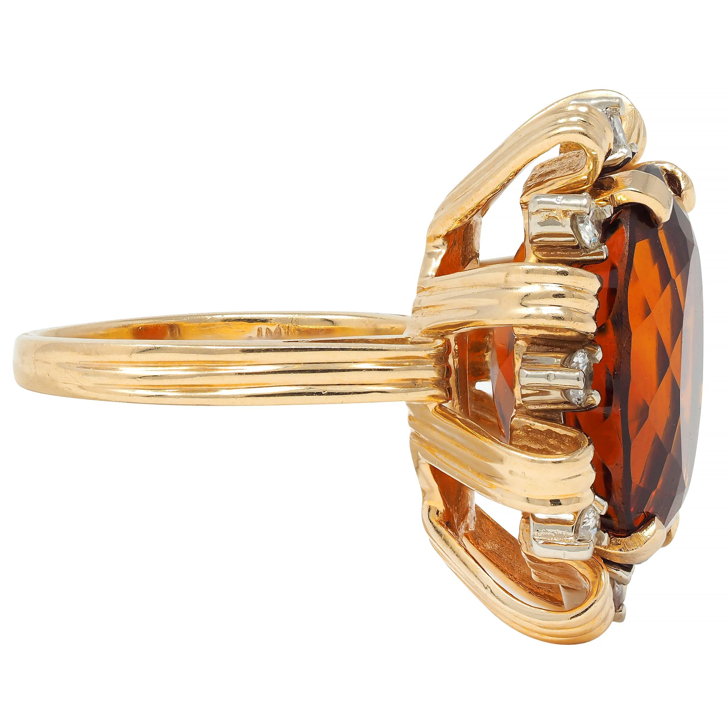 Taglio rotondo Anello da cocktail vintage a nastro in oro 18 carati con diamante citrino 13,75 CTW di metà secolo in vendita