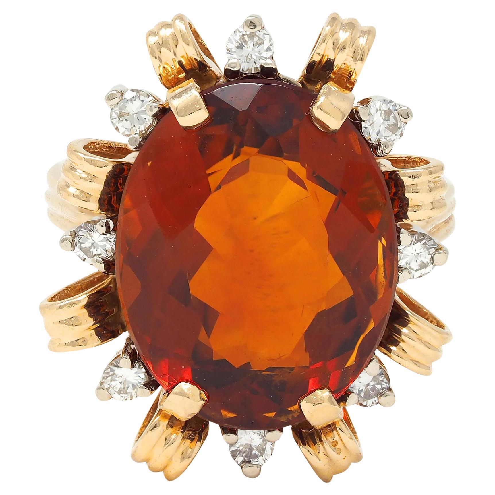 Mid-Century 13.75 CTW Citrine Diamond 18 Karat Gold Vintage Ribbon Cocktail Ring
