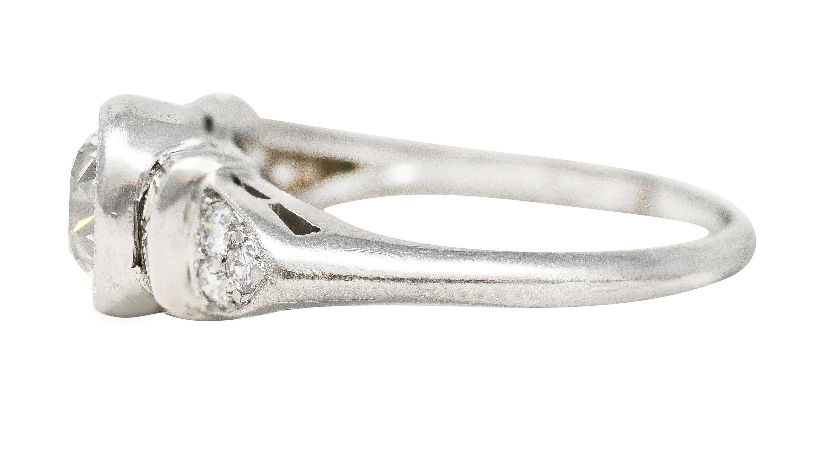 Mid-Century 1.39 Carats Old European Cut Diamond Platinum Bezel Engagement Ring For Sale 1