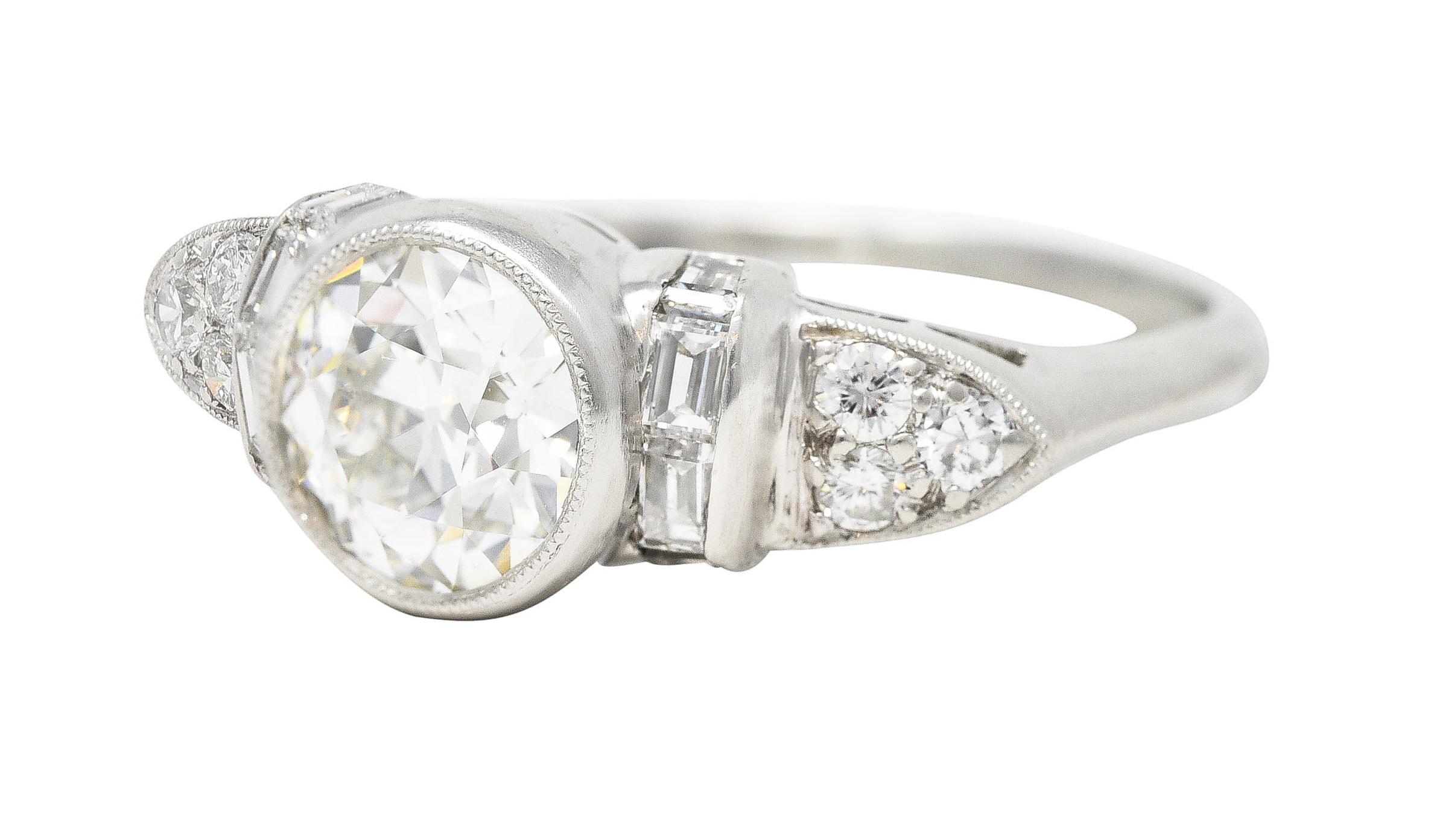 Mid-Century 1.39 Carats Old European Cut Diamond Platinum Bezel Engagement Ring For Sale 2