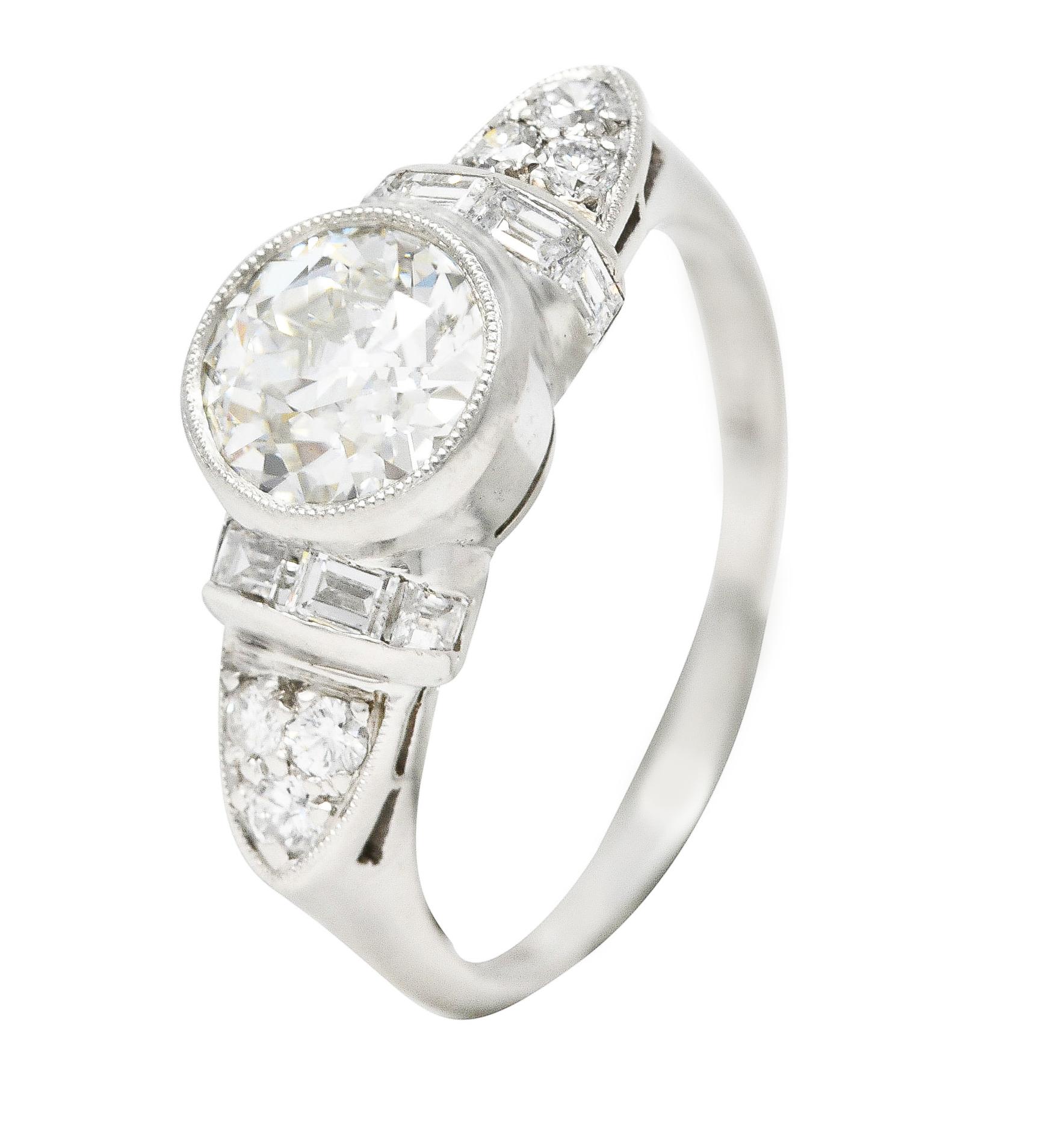 Mid-Century 1.39 Carats Old European Cut Diamond Platinum Bezel Engagement Ring For Sale 5