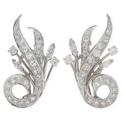 Mid-Century 1.39 CTW Diamond Platinum Scrolling Spray Vintage Ear-Clip Earrings