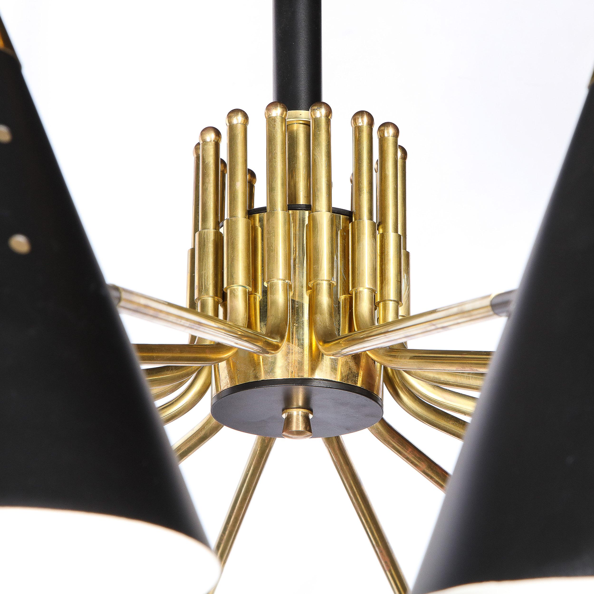 Mid-Century 14 Arm Chandelier w/ Brass Fittings & Black Enamel Conical Shade S In Excellent Condition In New York, NY
