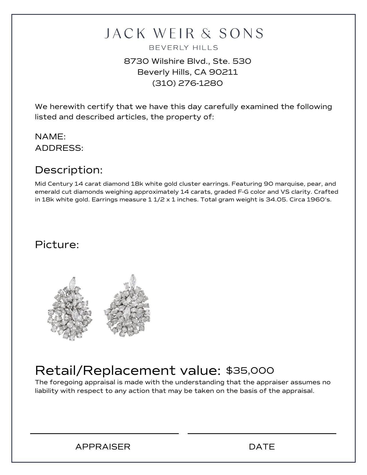 Modern Mid Century 14 carat diamond 18k white gold cluster earrings For Sale