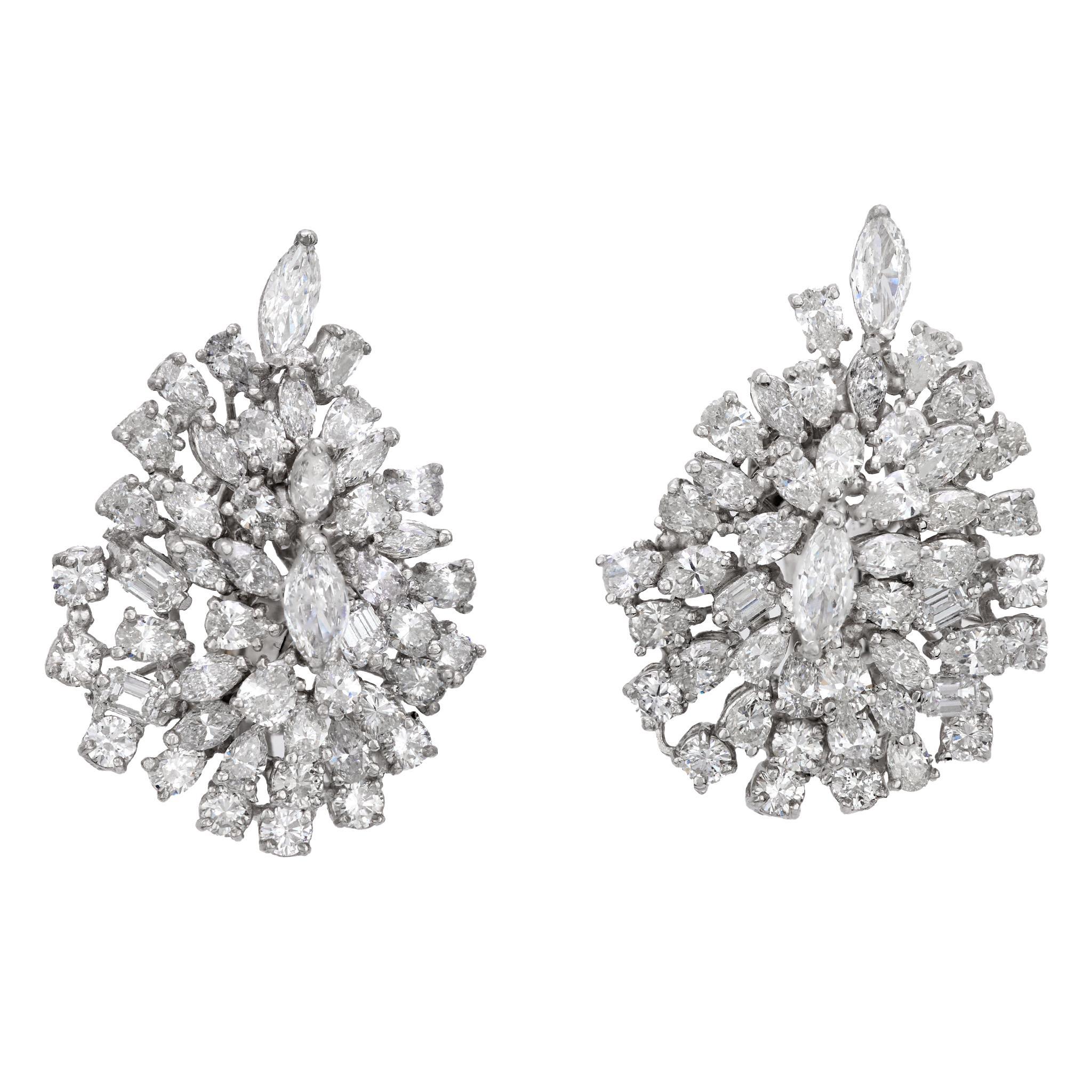 Emerald Cut Mid Century 14 carat diamond 18k white gold cluster earrings For Sale