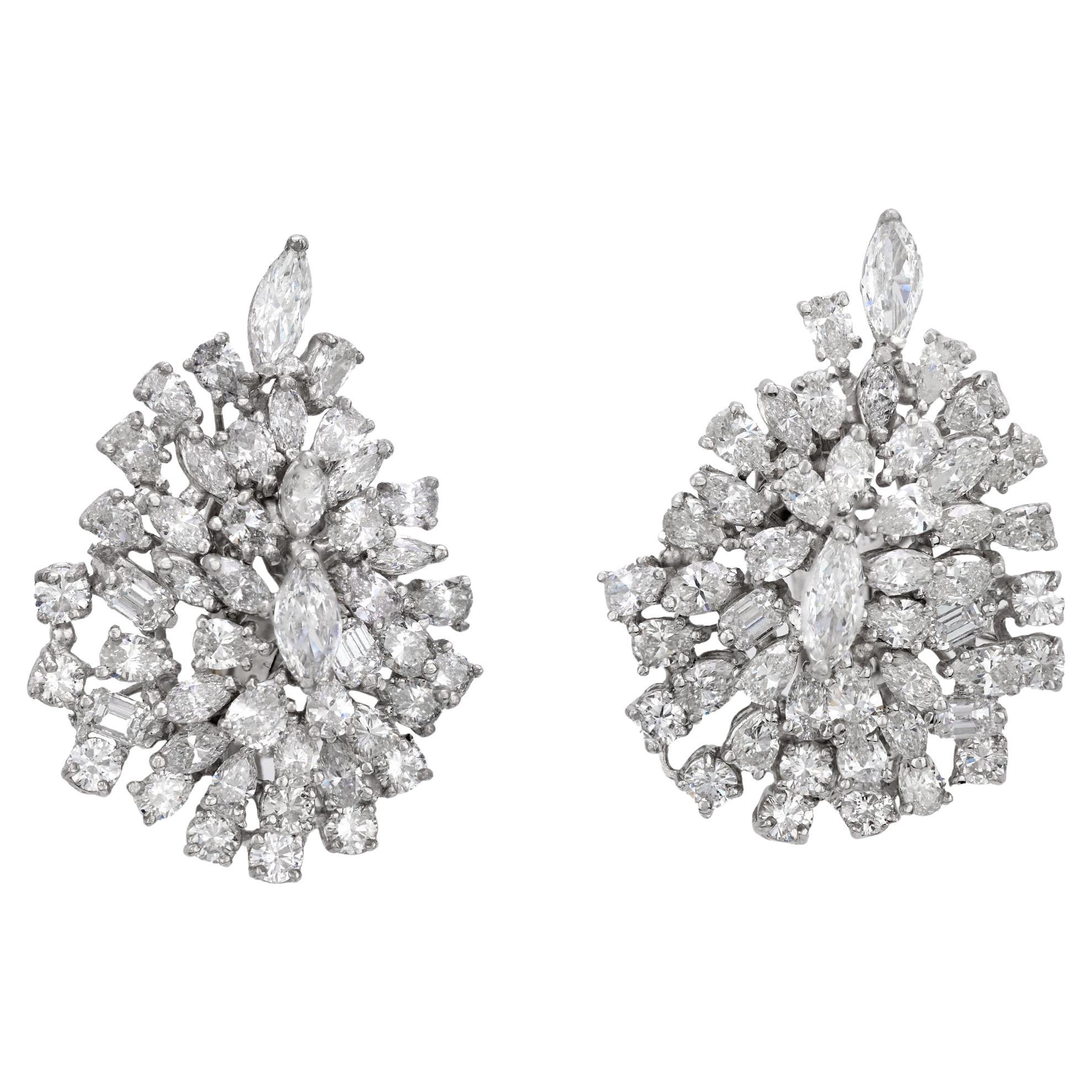 Mid Century 14 carat diamond 18k white gold cluster earrings For Sale