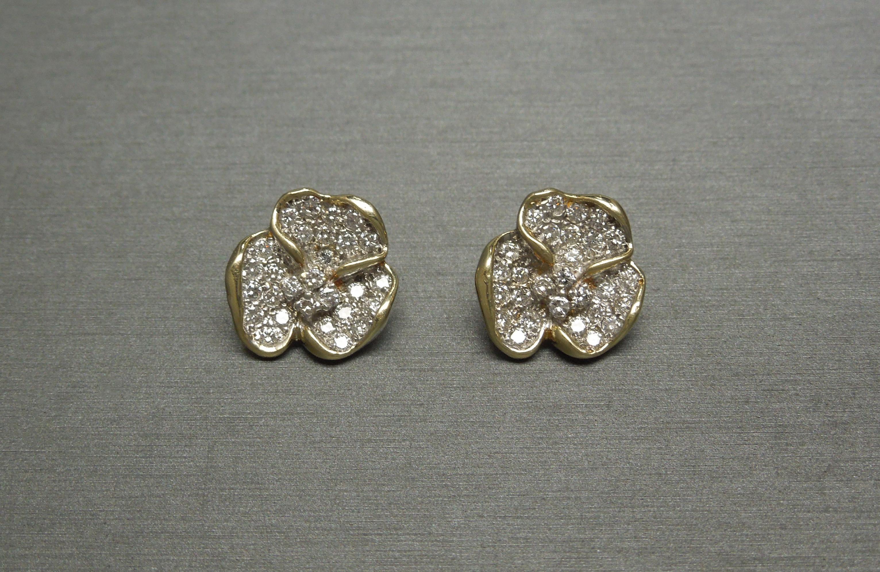 Mid-Century 14 Karat Diamond Pansy Earrings For Sale 2