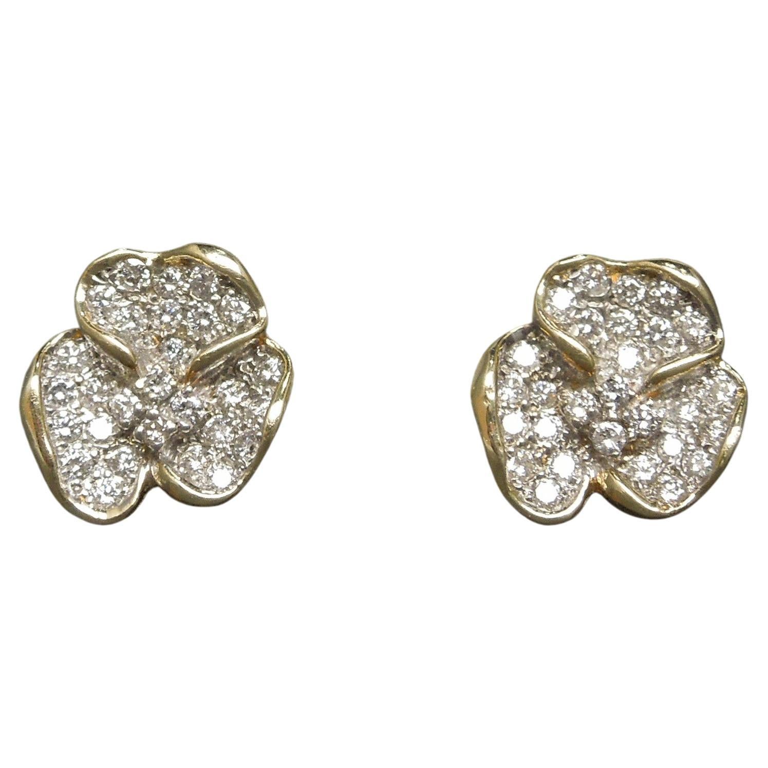 Mid-Century 14 Karat Diamond Pansy Earrings For Sale
