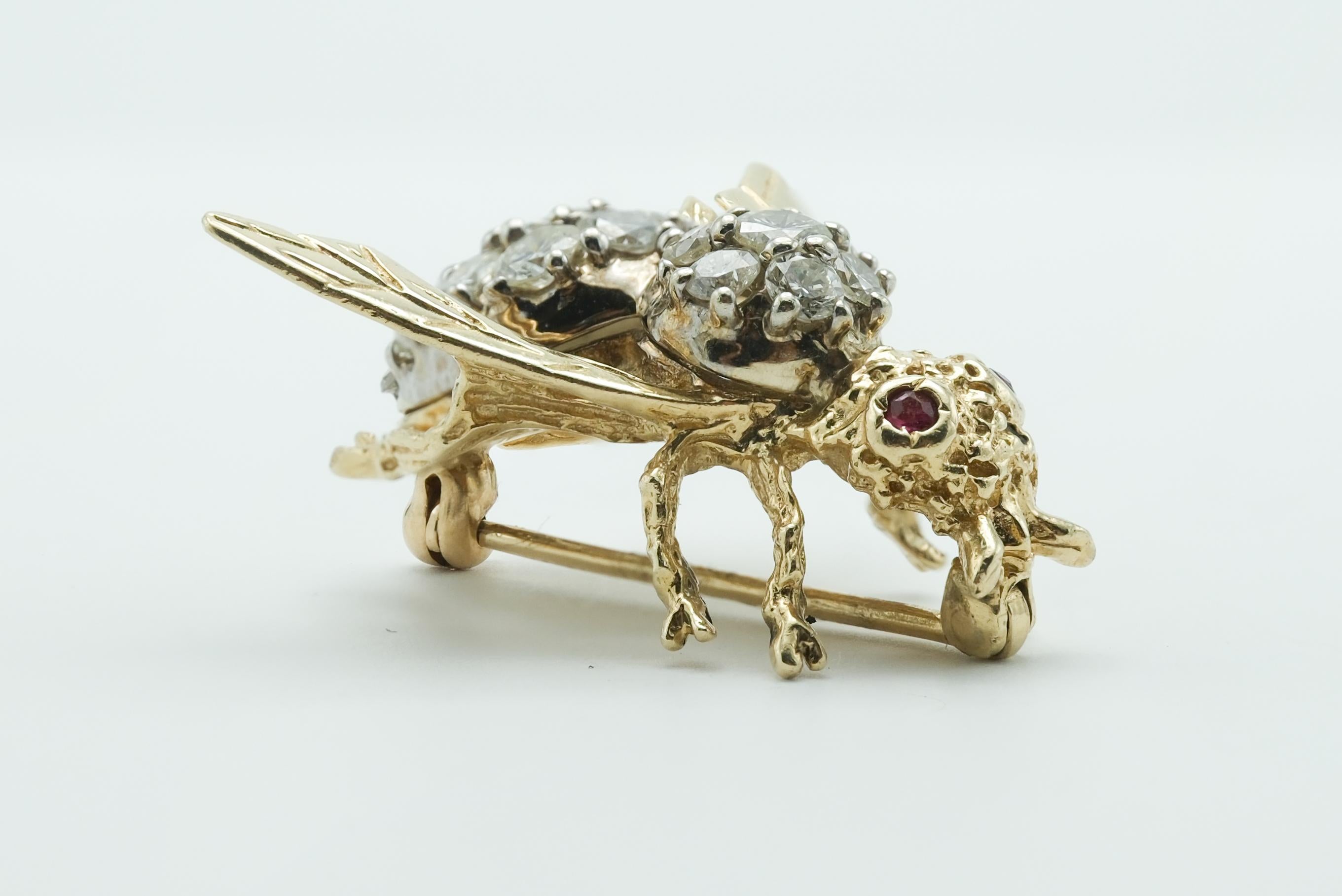 Artisan Mid-Century 14 Karat Gold Bee Brooch Pin with 1.6 Carats of Diamonds & Ruby Eyes
