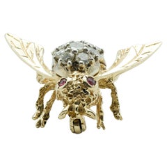 Mid-Century 14 Karat Gold Bee Brooch Pin with 1.6 Carats of Diamonds & Ruby Eyes