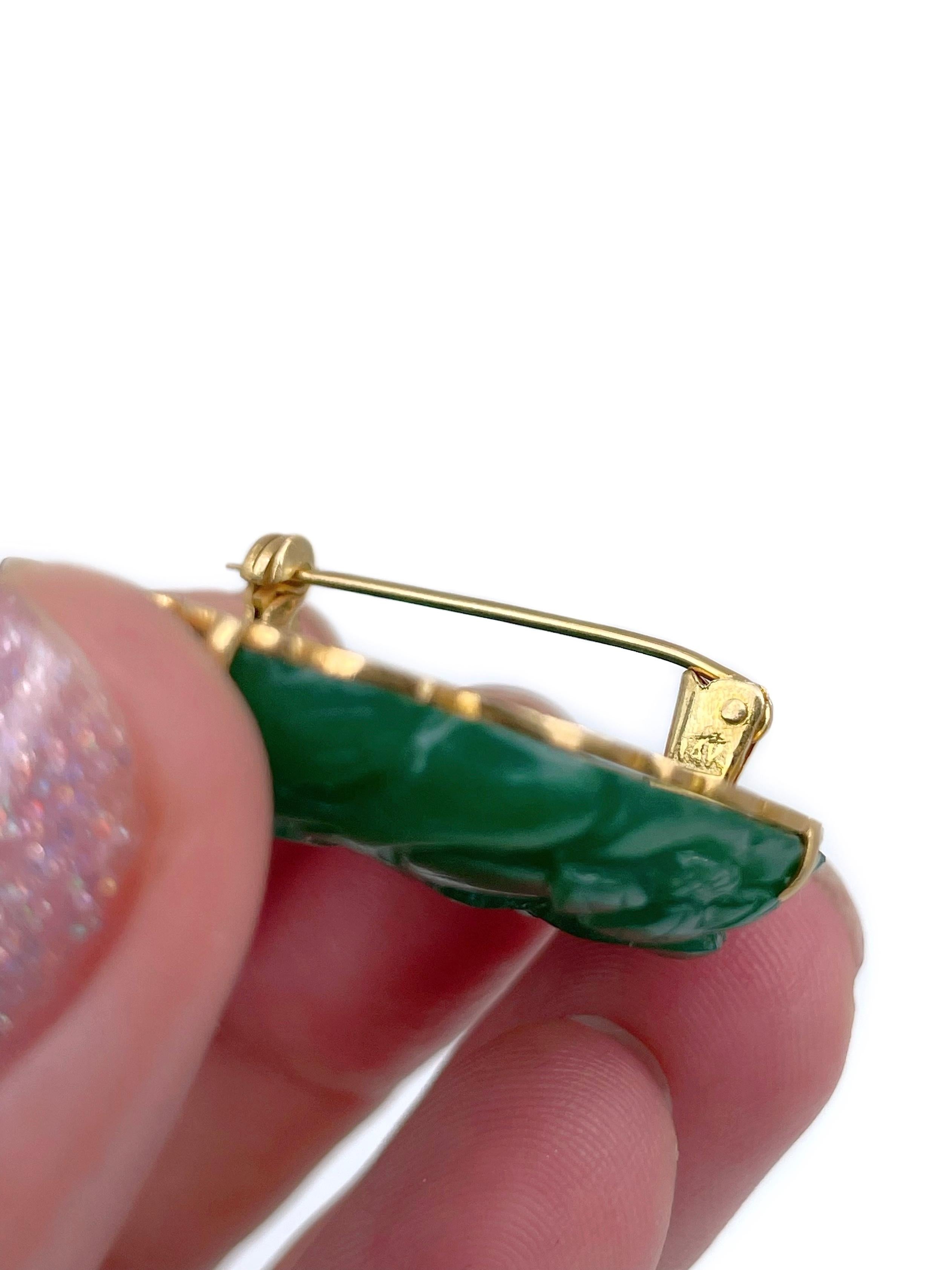 Mid Century 14 Karat Gold Carved Chalcedony Lotus Flower Round Pin Brooch 1