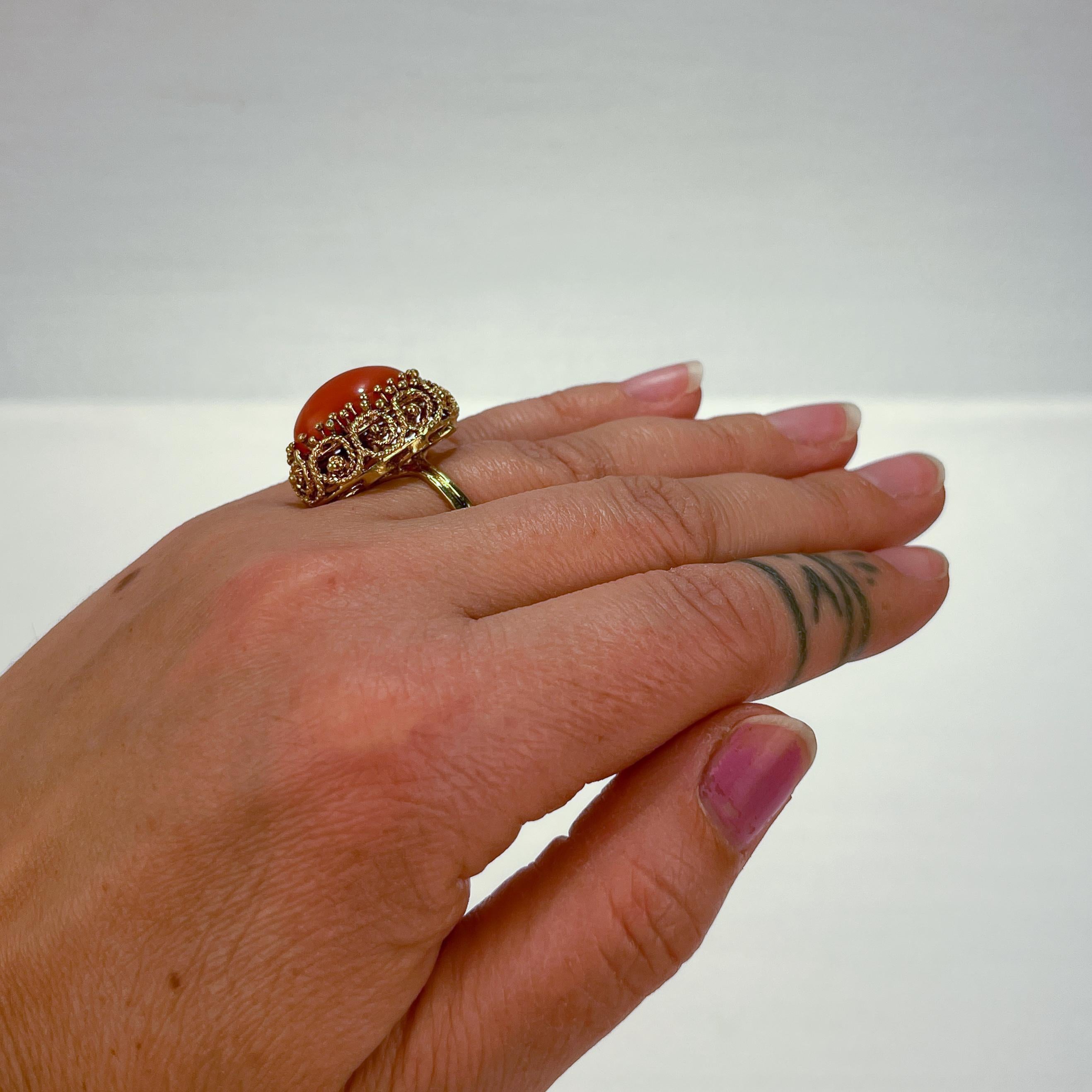 Midcentury 14 Karat Gold and Coral Cabochon Cocktail Ring 6