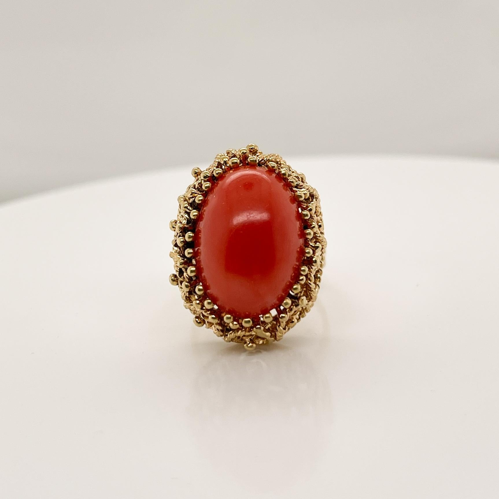 Etruscan Revival Midcentury 14 Karat Gold and Coral Cabochon Cocktail Ring