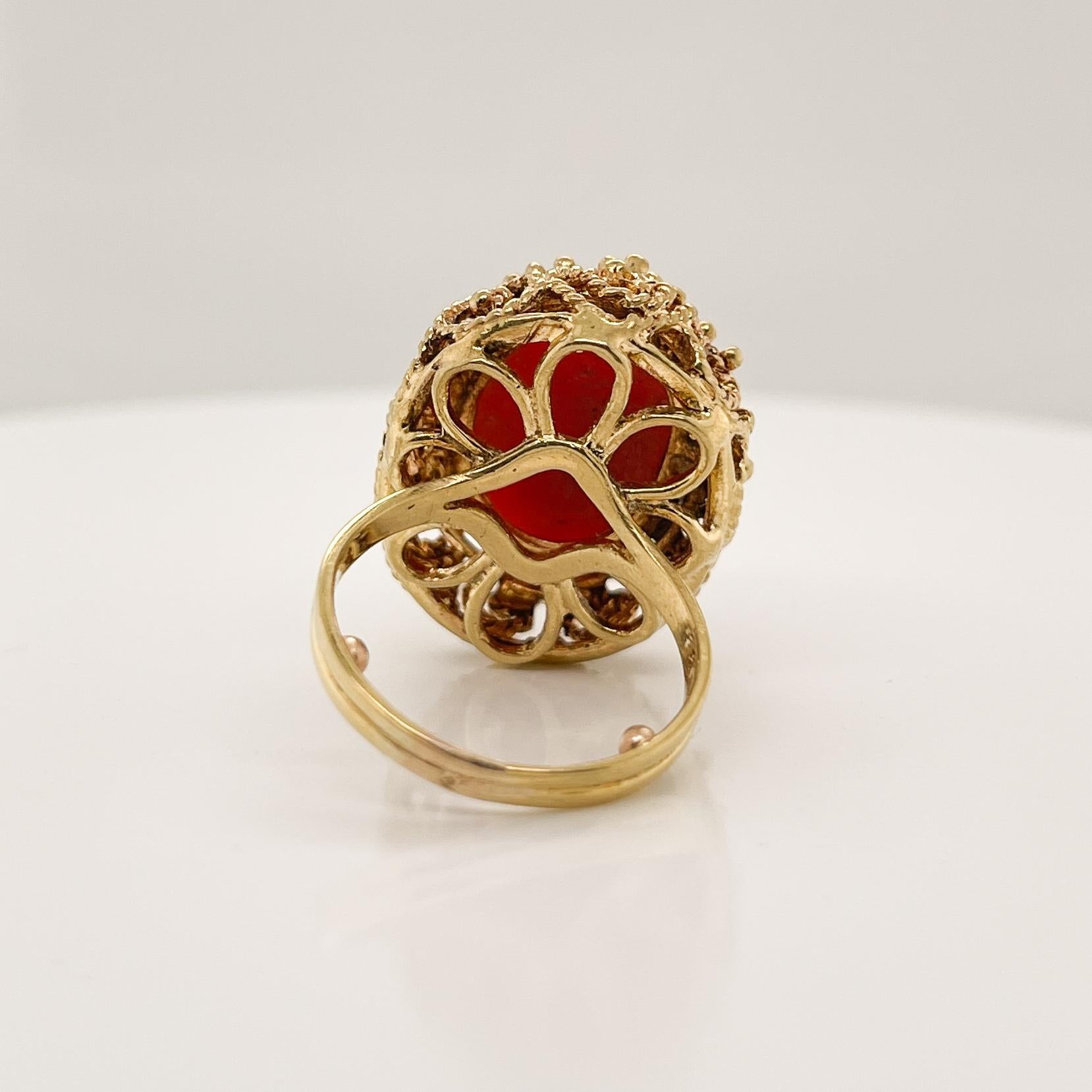 Midcentury 14 Karat Gold and Coral Cabochon Cocktail Ring 1