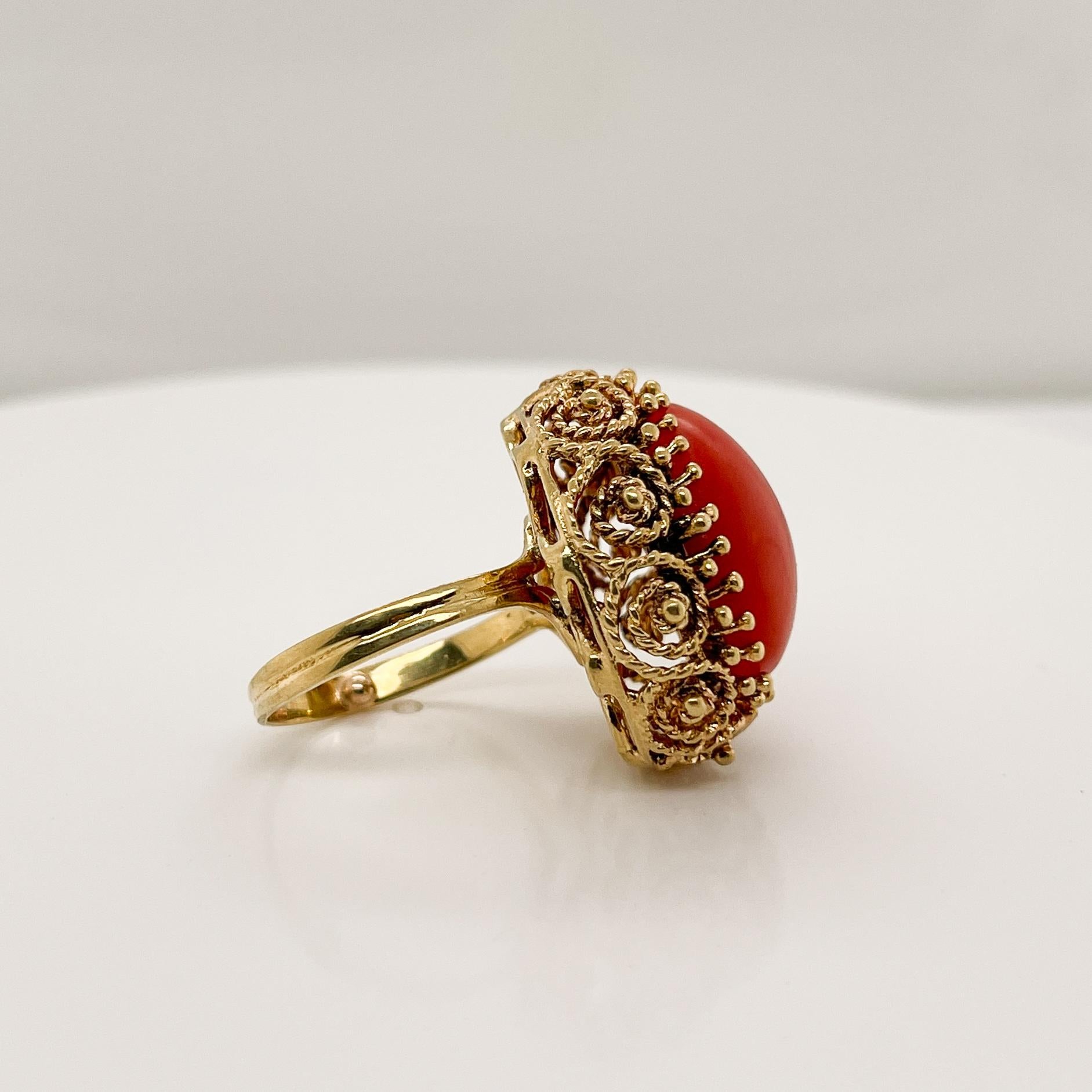 Midcentury 14 Karat Gold and Coral Cabochon Cocktail Ring 2