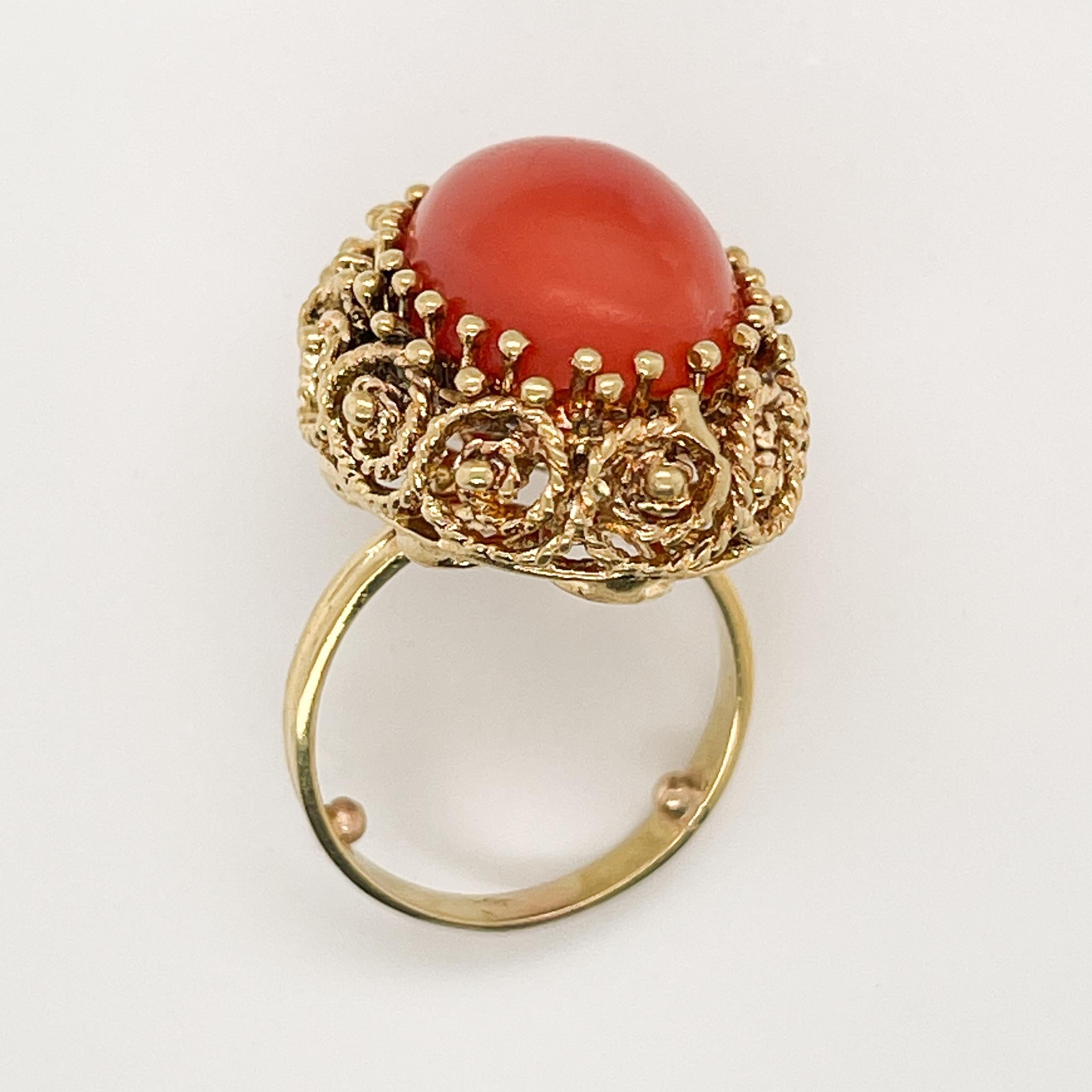 Midcentury 14 Karat Gold and Coral Cabochon Cocktail Ring 4