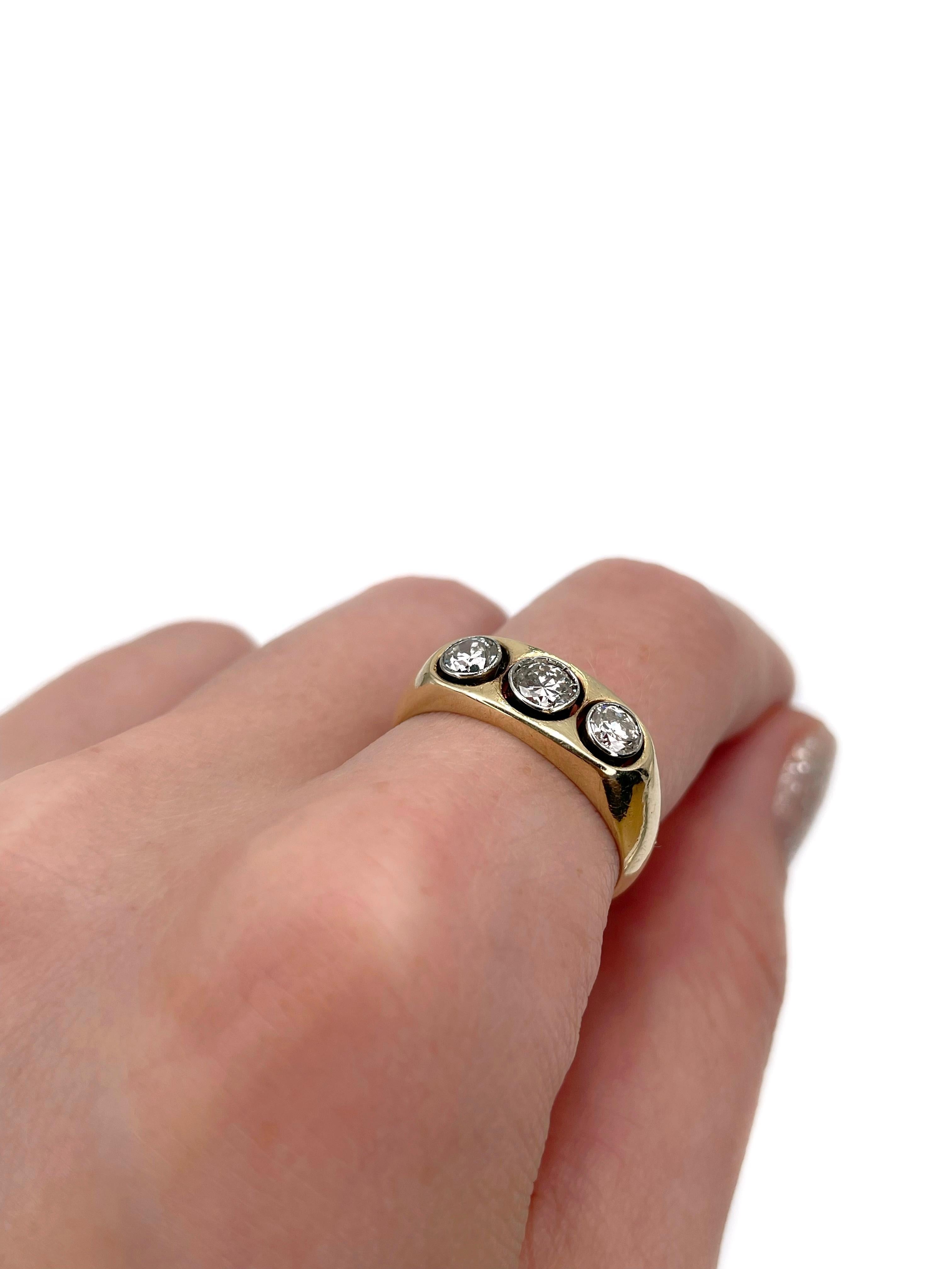 Round Cut Mid Century 14 Karat Gold TW 0.70 Carat Diamond Three-Stone Ring For Sale