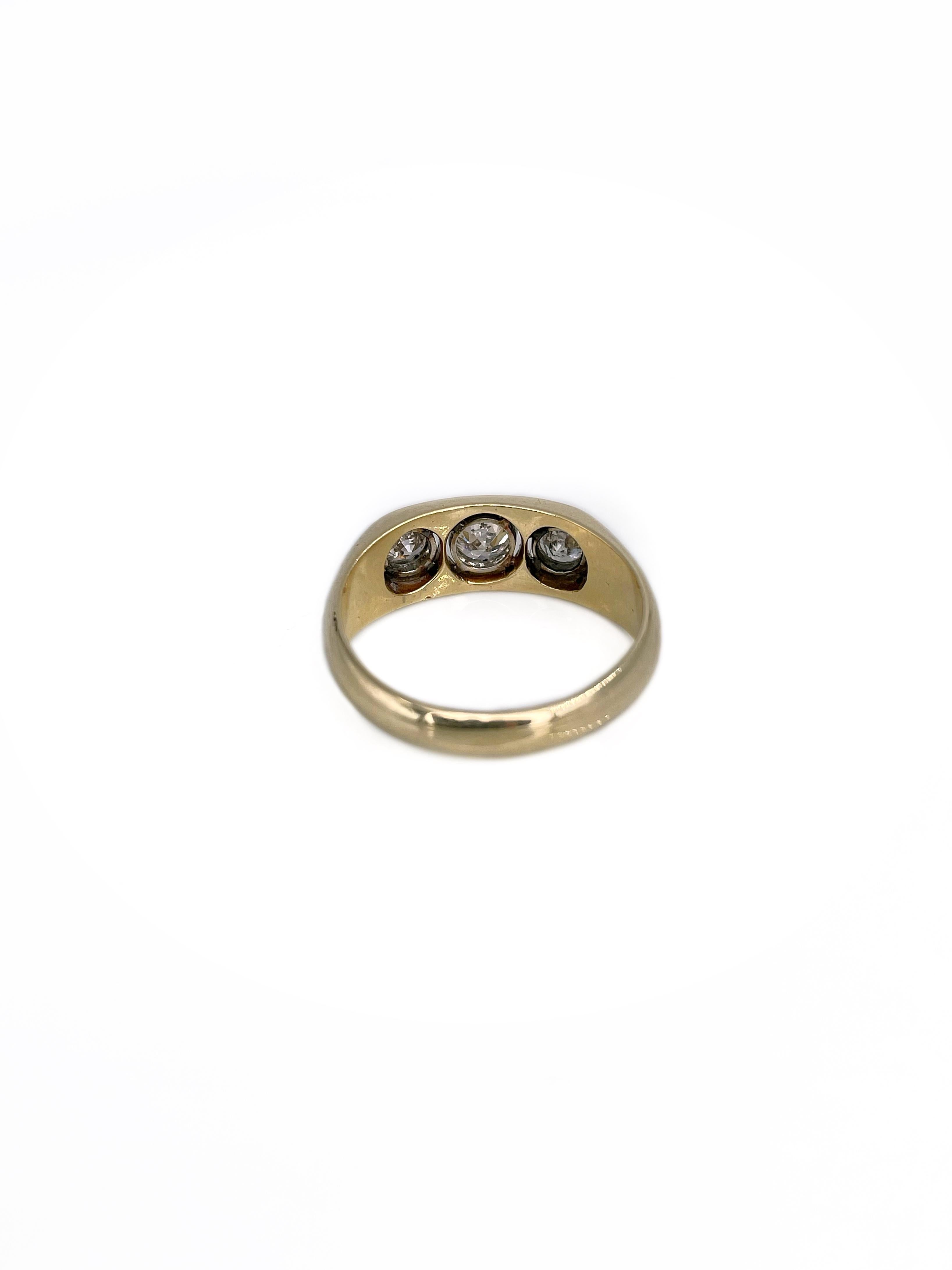 Women's or Men's Mid Century 14 Karat Gold TW 0.70 Carat Diamond Three-Stone Ring For Sale