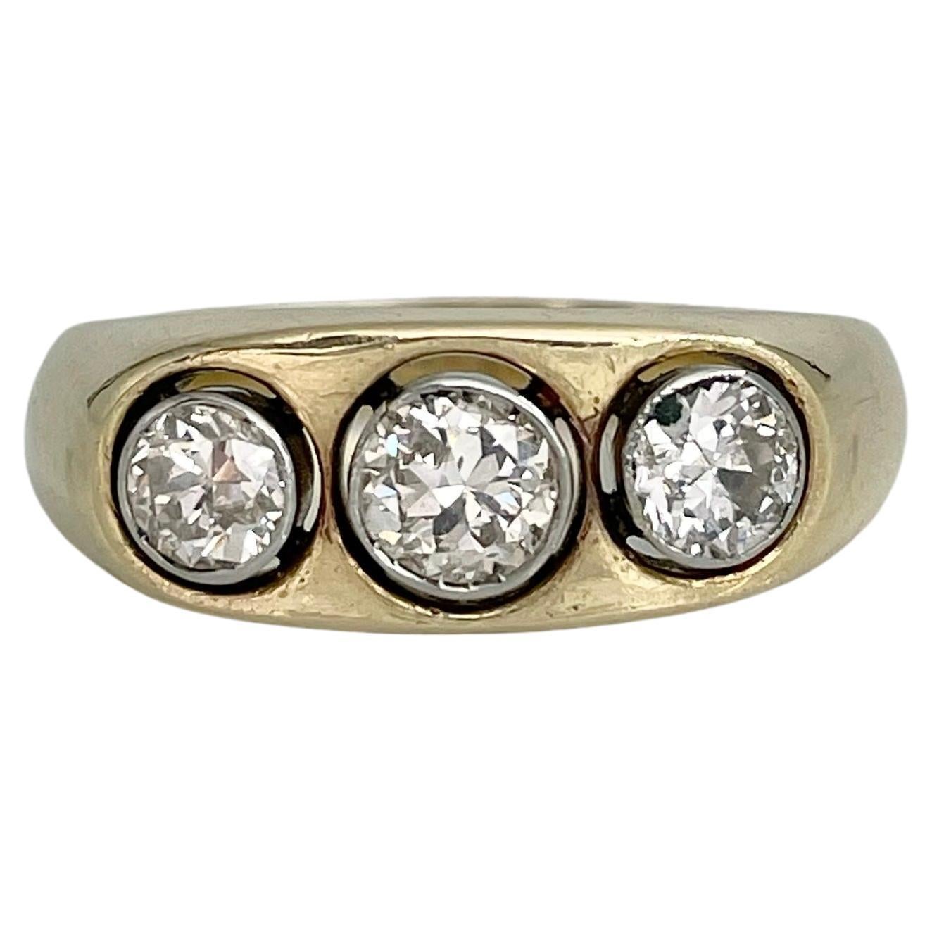 Mid Century 14 Karat Gold TW 0.70 Carat Diamond Three-Stone Ring For Sale